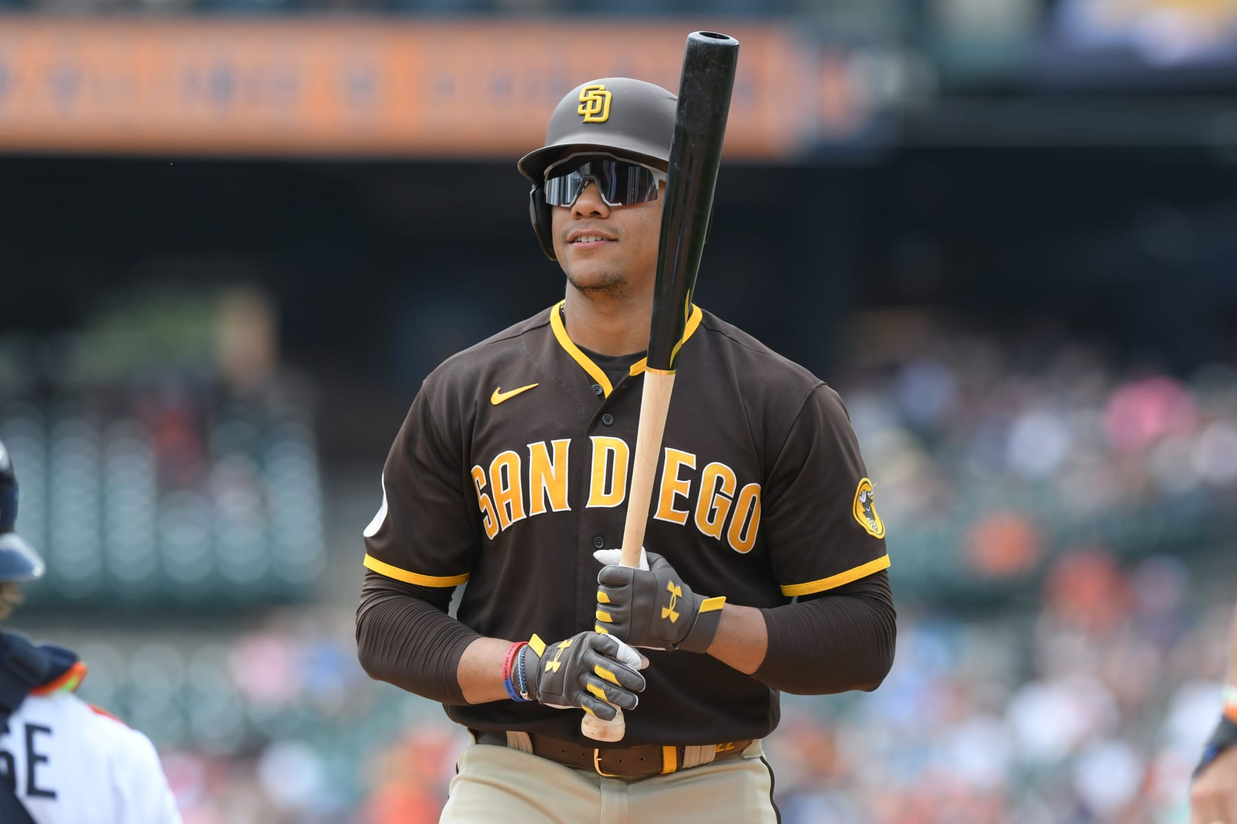 DETROIT, MI - JULY 23:  Juan Soto #22 of the San Diego Padres looks on while batting during the game against the Detroit Tigers at Comerica Park on July 23, 2023 in Detroit, Michigan. The Tigers defeated the Padres 3 to 1.  (Photo by Mark Cunningham/MLB Photos via Getty Images)