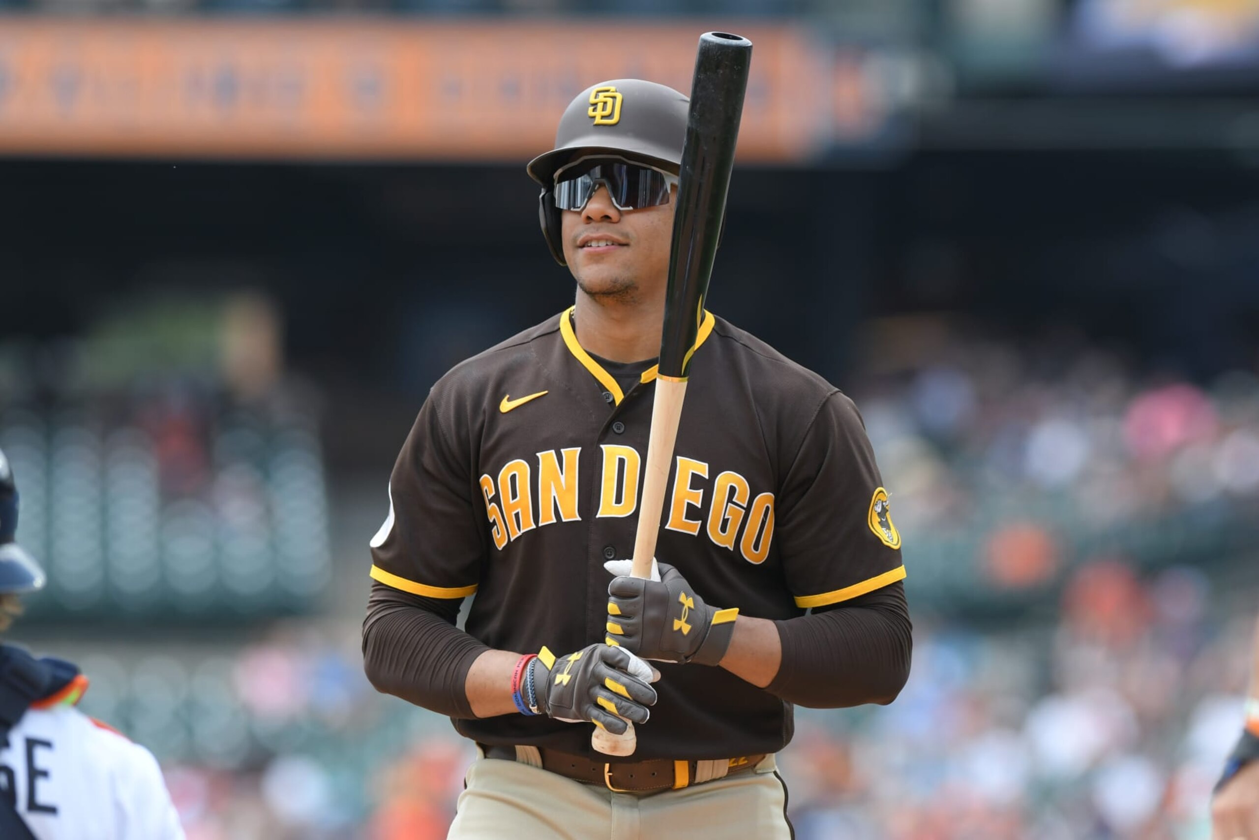 DETROIT, MI - JULY 23:  Juan Soto #22 of the San Diego Padres looks on while batting during the game against the Detroit Tigers at Comerica Park on July 23, 2023 in Detroit, Michigan. The Tigers defeated the Padres 3 to 1.  (Photo by Mark Cunningham/MLB Photos via Getty Images)