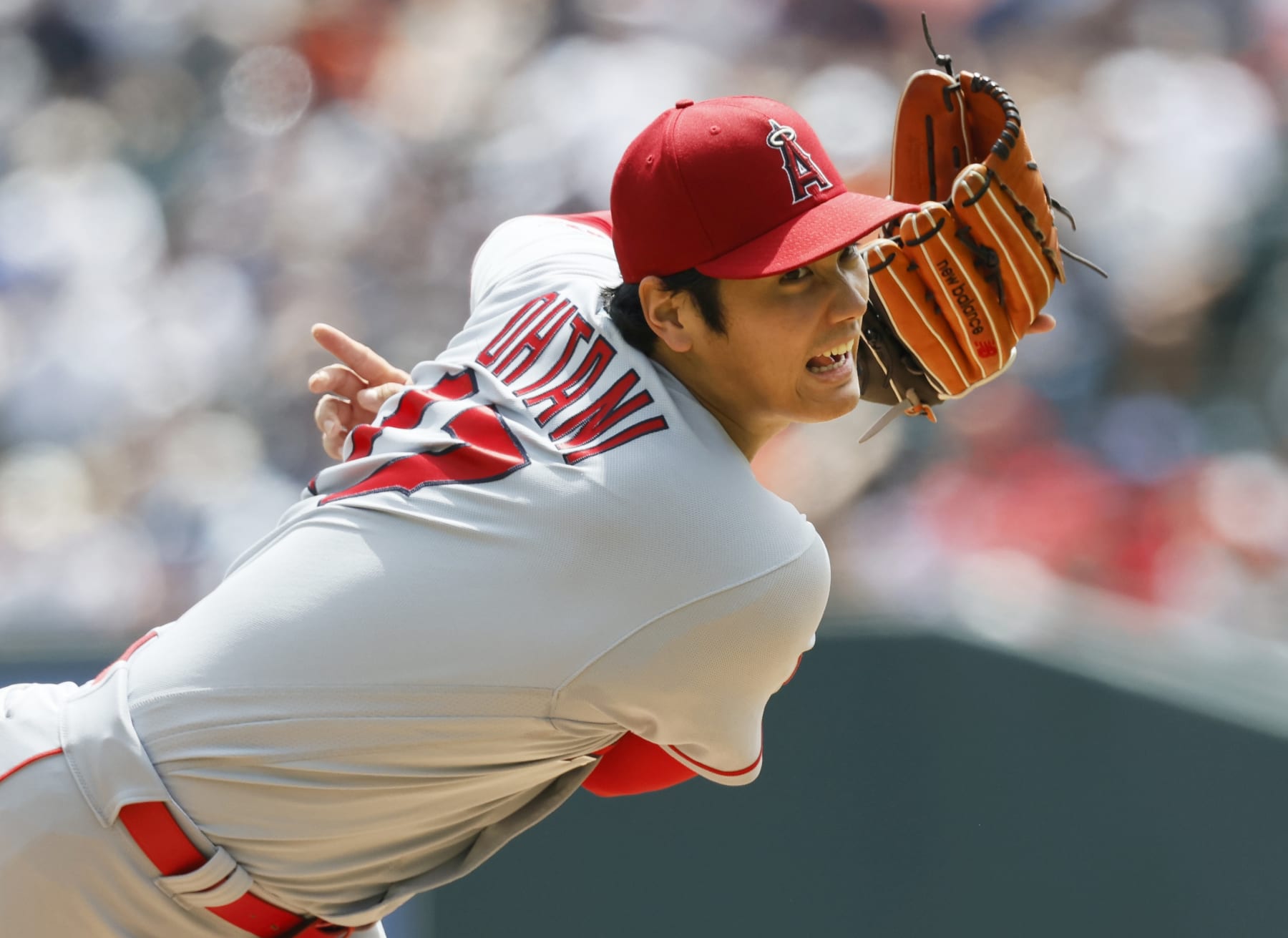 DETROIT, MI - JULY 27:  Shohei Ohtani #17 of the Los Angeles Angels pitches against the Detroit Tigers during the second inning of game one of a doubleheader at Comerica Park on July 27, 2023 in Detroit, Michigan. (Photo by Duane Burleson/Getty Images)