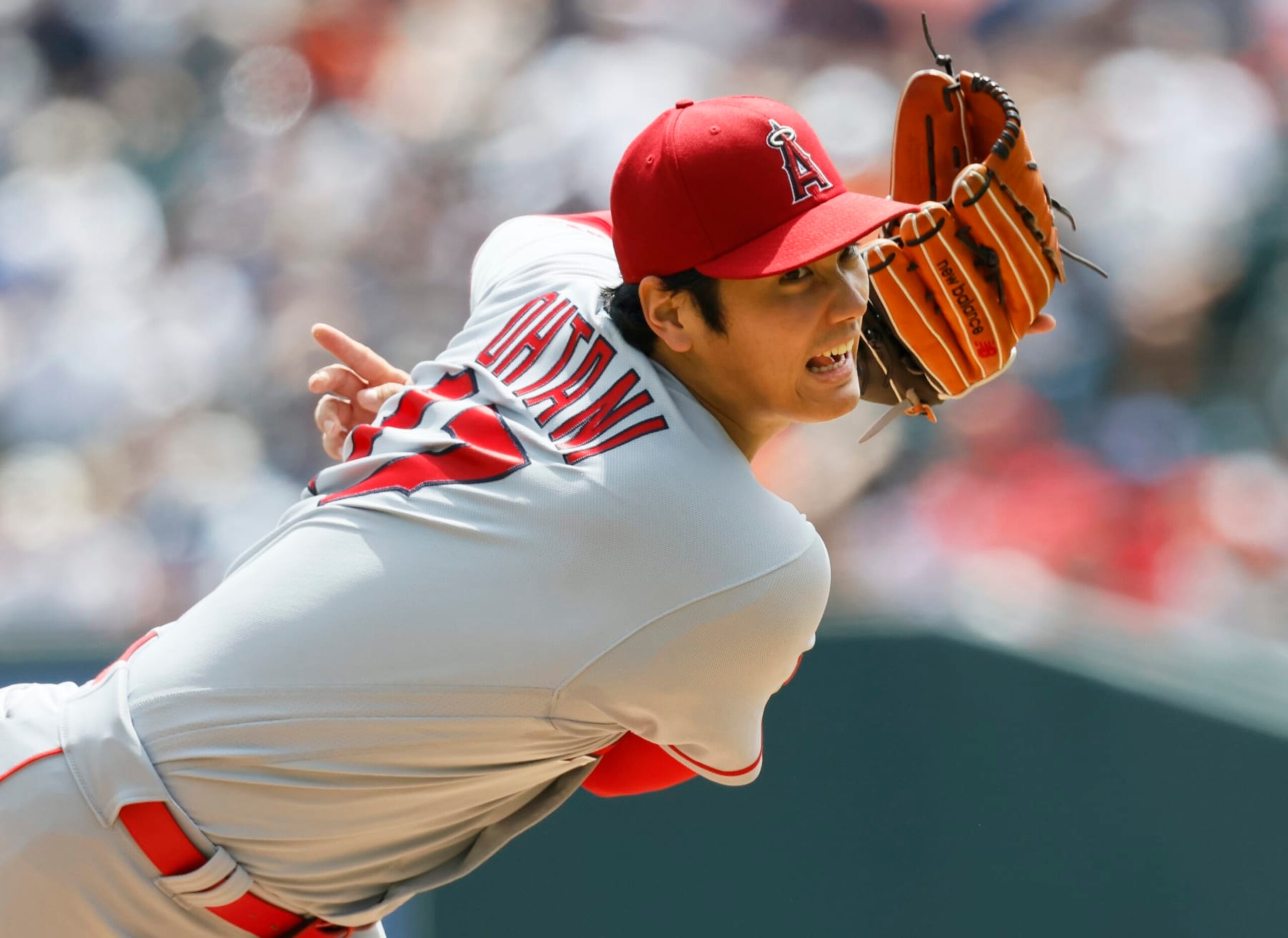DETROIT, MI - JULY 27:  Shohei Ohtani #17 of the Los Angeles Angels pitches against the Detroit Tigers during the second inning of game one of a doubleheader at Comerica Park on July 27, 2023 in Detroit, Michigan. (Photo by Duane Burleson/Getty Images)