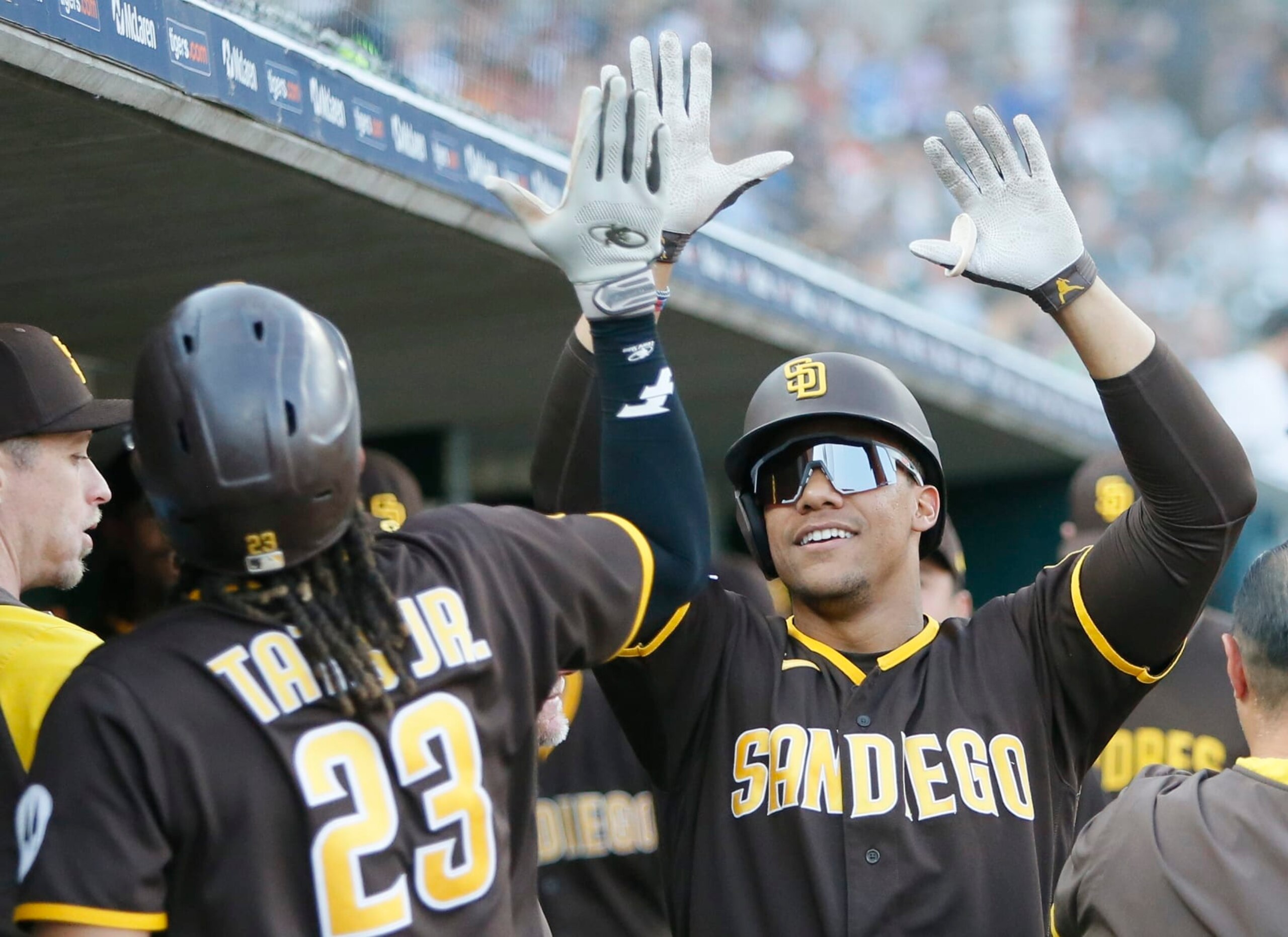 DETROIT, MI - JULY 21: Juan Soto #22 of the San Diego Padres celebrates with Fernando Tatis Jr. #23 after hitting a two-run home run that drove in the pair against the Detroit Tigers during the third inning at Comerica Park on July 21, 2023 in Detroit, Michigan. (Photo by Duane Burleson/Getty Images)