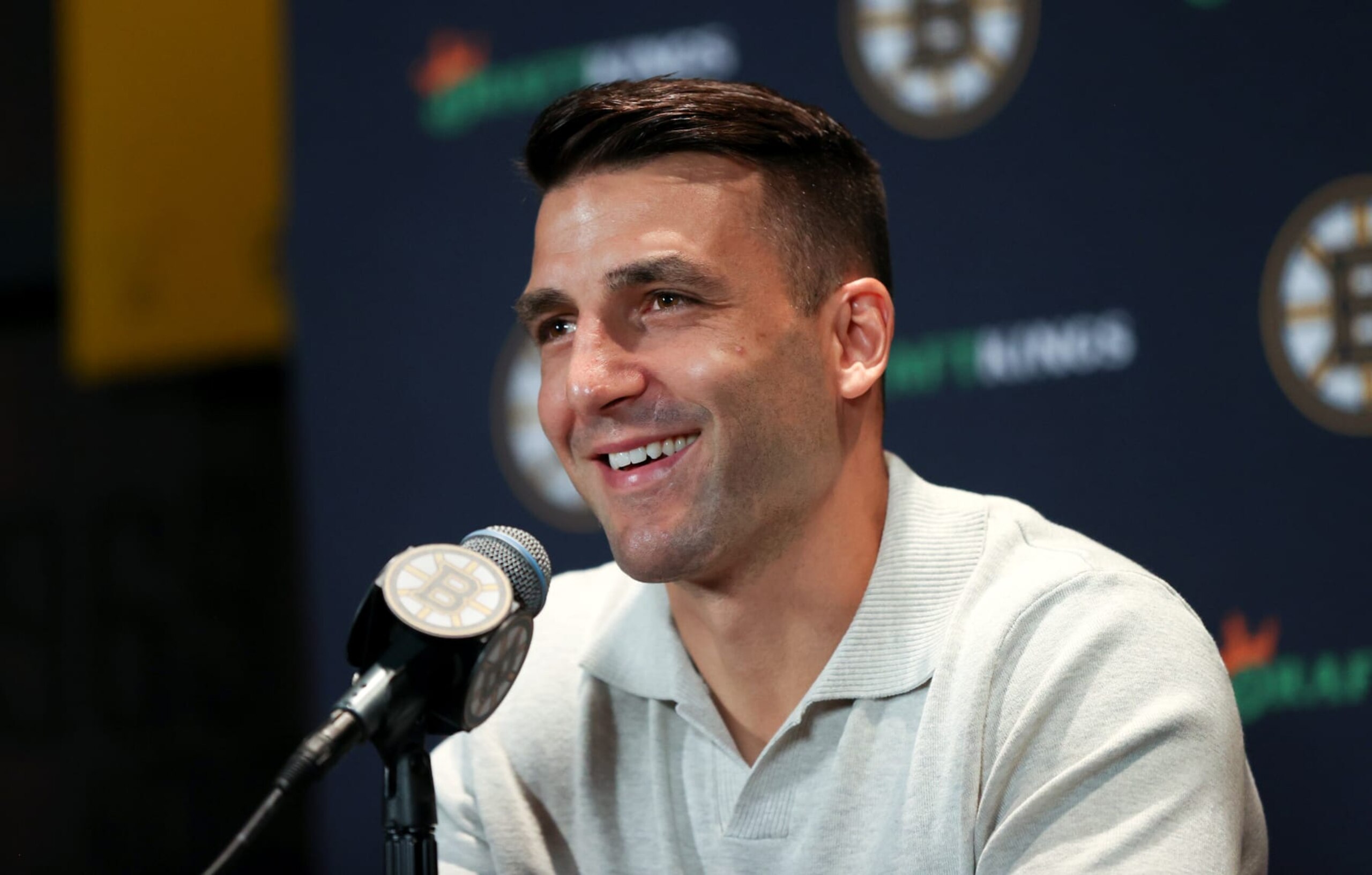 Boston, MA - July 25: Boston Bruins C Patrice Bergeron speaks at his retirement press conference. (Photo by Jonathan Wiggs/The Boston Globe via Getty Images)