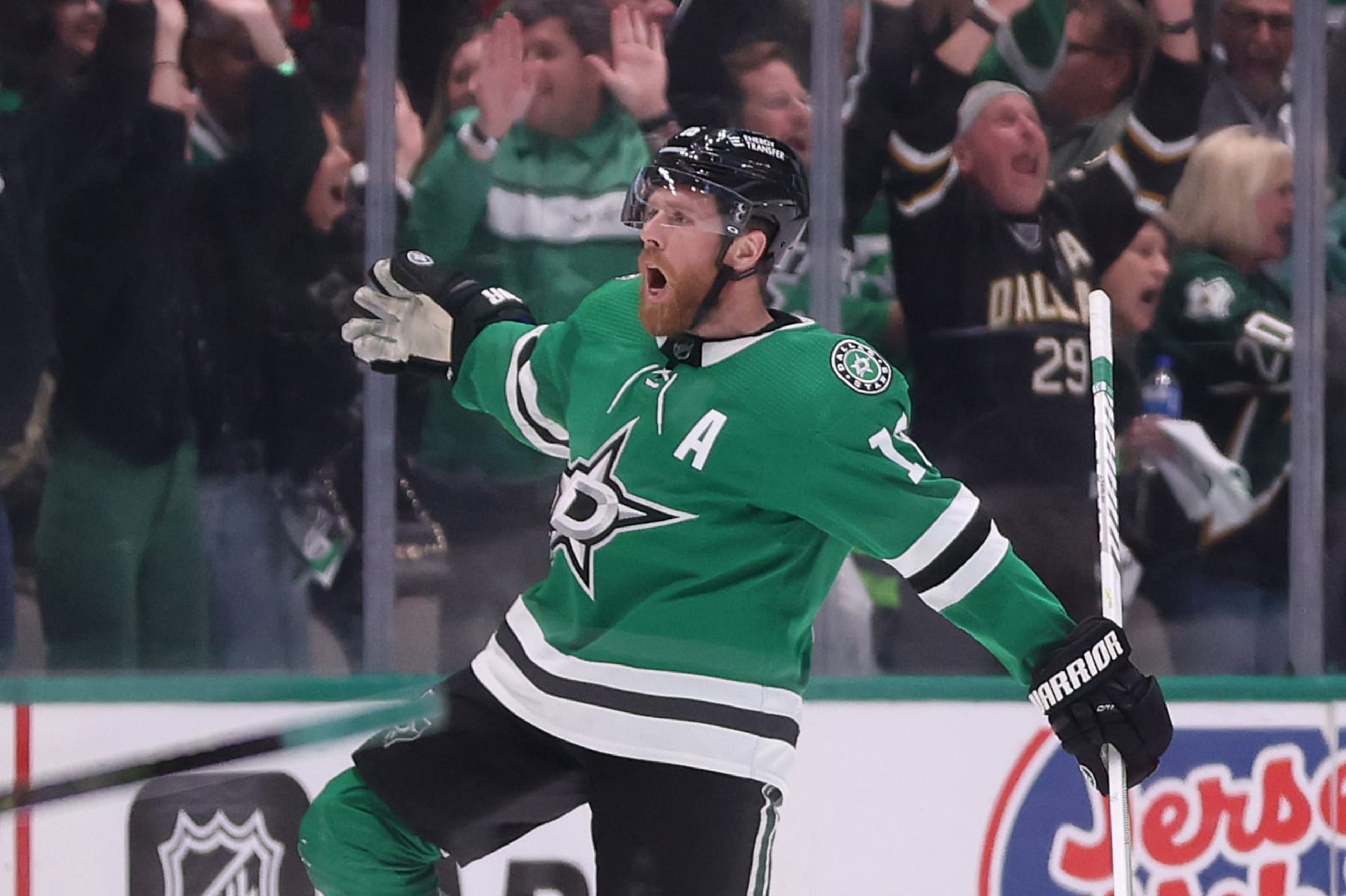DALLAS, TEXAS - MAY 25: Joe Pavelski #16 of the Dallas Stars celebrates a game-winning power play goal against the Vegas Golden Knights during overtime in Game Four of the Western Conference Final of the 2023 Stanley Cup Playoffs at American Airlines Center on May 25, 2023 in Dallas, Texas. (Photo by Steph Chambers/Getty Images) DALLAS, TEXAS - MAY 25: Joe Pavelski #16 of the Dallas Stars celebrates a game-winning power play goal against the Vegas Golden Knights during overtime in Game Four of the Western Conference Final of the 2023 Stanley Cup Playoffs at American Airlines Center on May 25, 2023 in Dallas, Texas. (Photo by Steph Chambers/Getty Images)