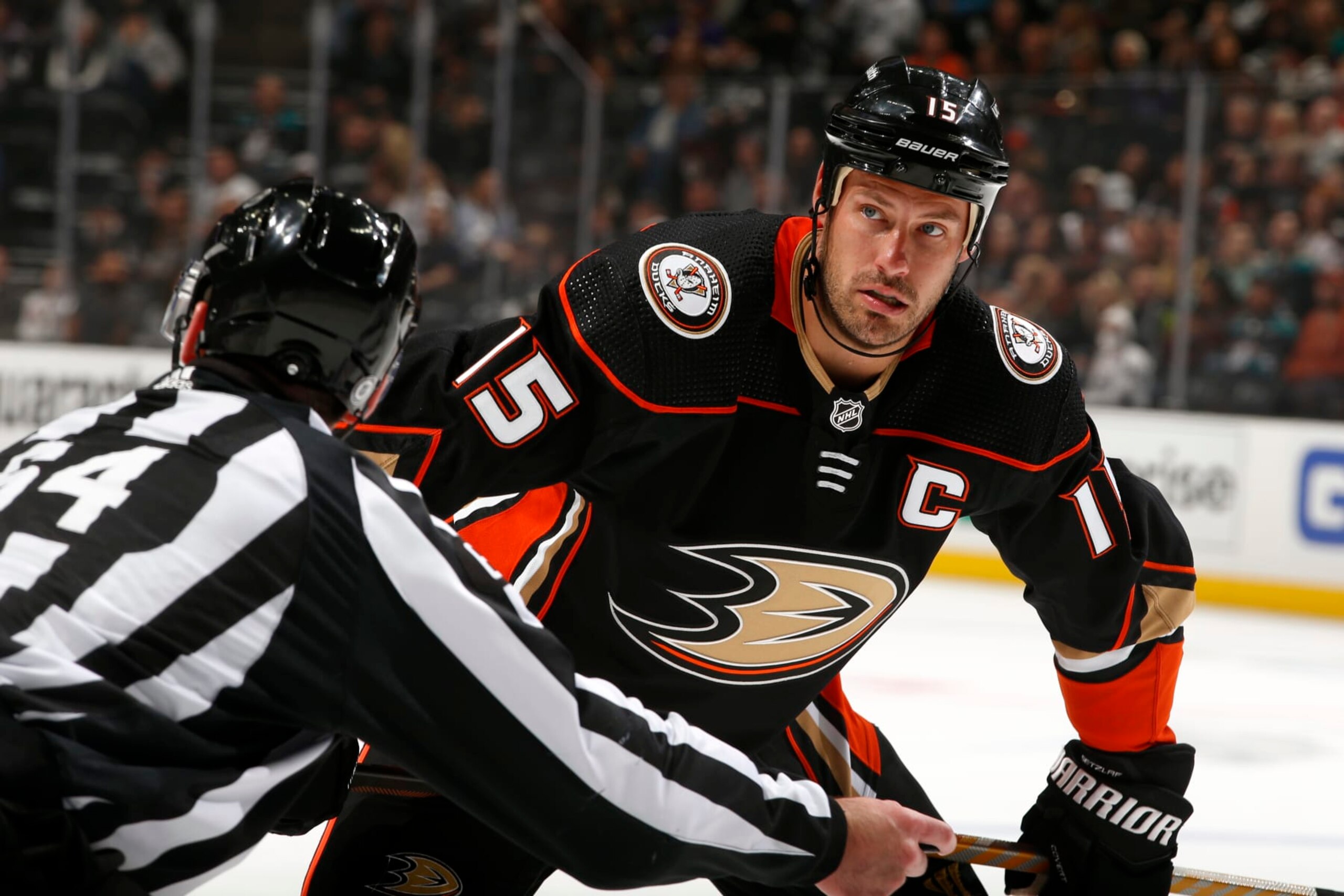 ANAHEIM, CA - APRIL 19: Ryan Getzlaf #15 of the Anaheim Ducks lines up for a face-off during the game against the Los Angeles Kings at Honda Center on April 19, 2022 in Anaheim, California. (Photo by Debora Robinson/NHLI via Getty Images)