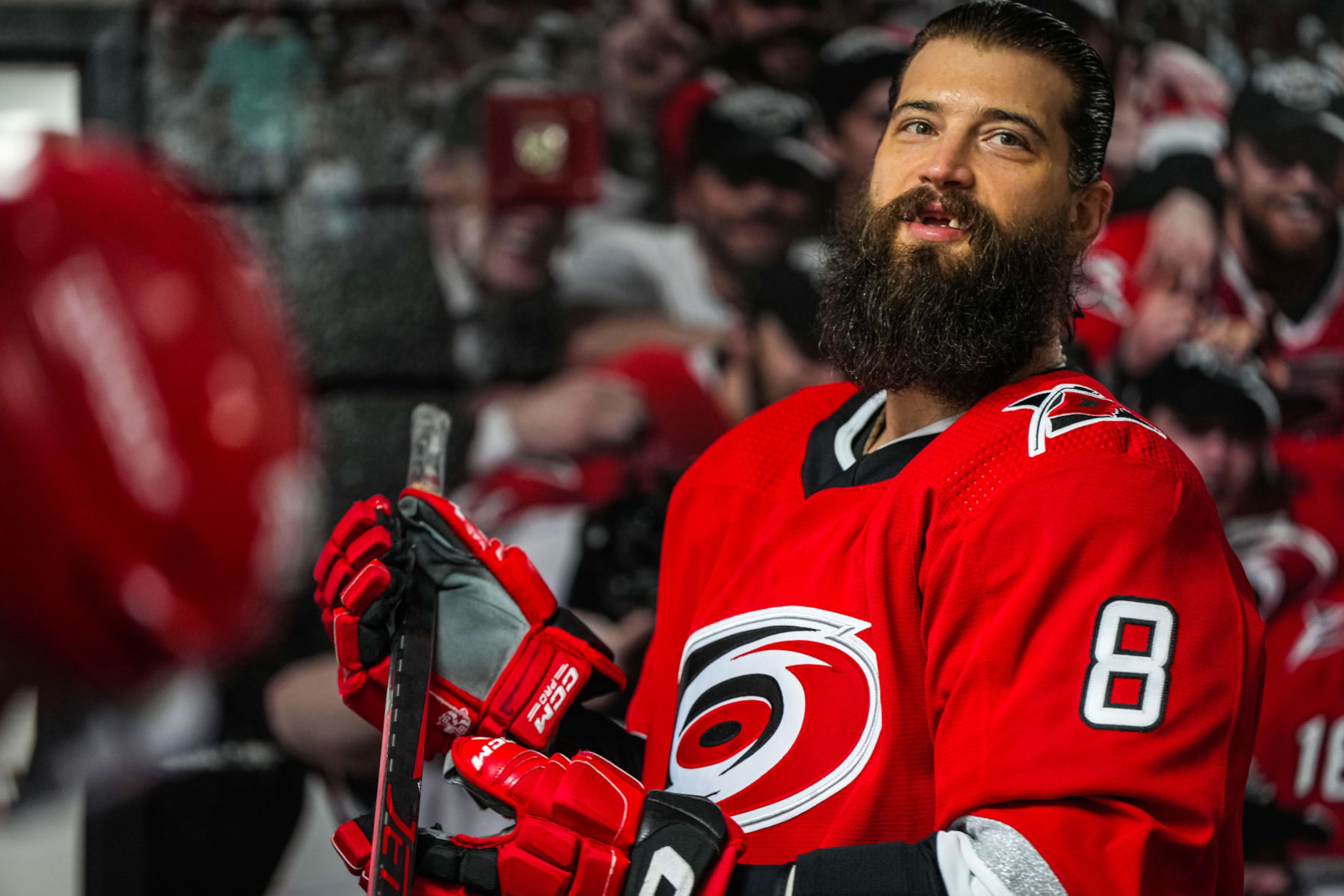RALEIGH, NORTH CAROLINA - MAY 20: Brent Burns #8 of the Carolina Hurricanes is seen in the locker room prior to Game Two of the Eastern Conference Final of the 2023 Stanley Cup Playoffs against the Florida Panthers at PNC Arena on May 20, 2023 in Raleigh, North Carolina. (Photo by Josh Lavallee/NHLI via Getty Images)