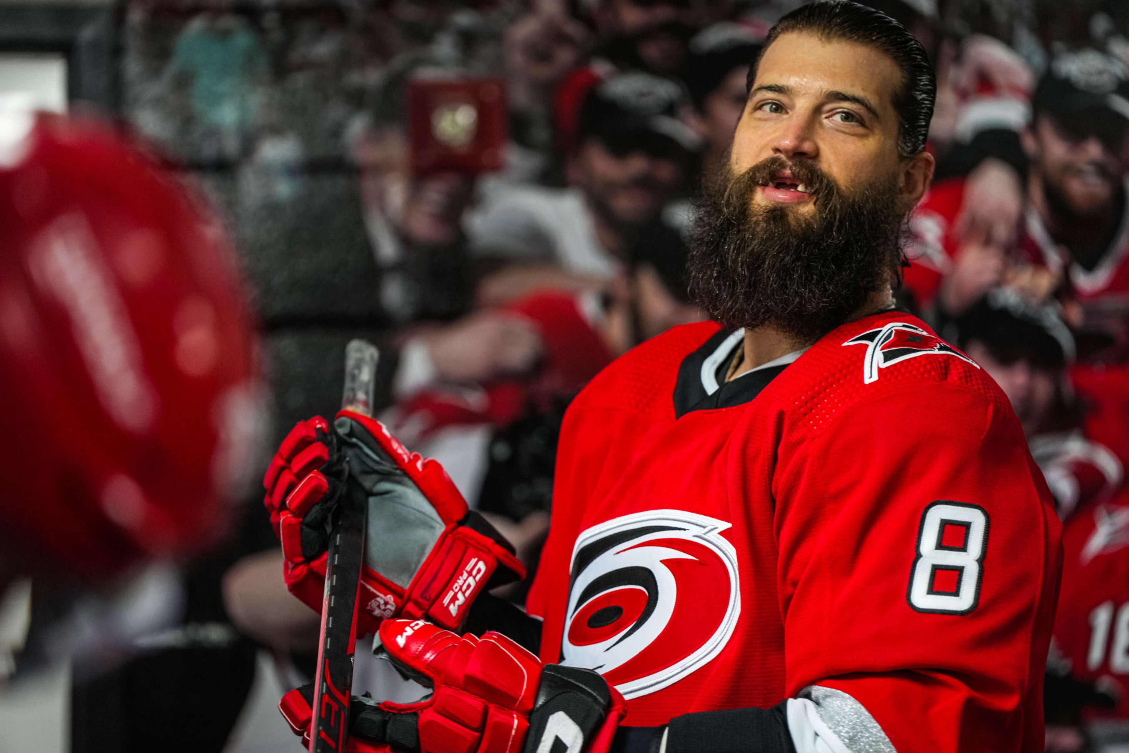 RALEIGH, NORTH CAROLINA - MAY 20: Brent Burns #8 of the Carolina Hurricanes is seen in the locker room prior to Game Two of the Eastern Conference Final of the 2023 Stanley Cup Playoffs against the Florida Panthers at PNC Arena on May 20, 2023 in Raleigh, North Carolina. (Photo by Josh Lavallee/NHLI via Getty Images) RALEIGH, NORTH CAROLINA - MAY 20: Brent Burns #8 of the Carolina Hurricanes is seen in the locker room prior to Game Two of the Eastern Conference Final of the 2023 Stanley Cup Playoffs against the Florida Panthers at PNC Arena on May 20, 2023 in Raleigh, North Carolina. (Photo by Josh Lavallee/NHLI via Getty Images)