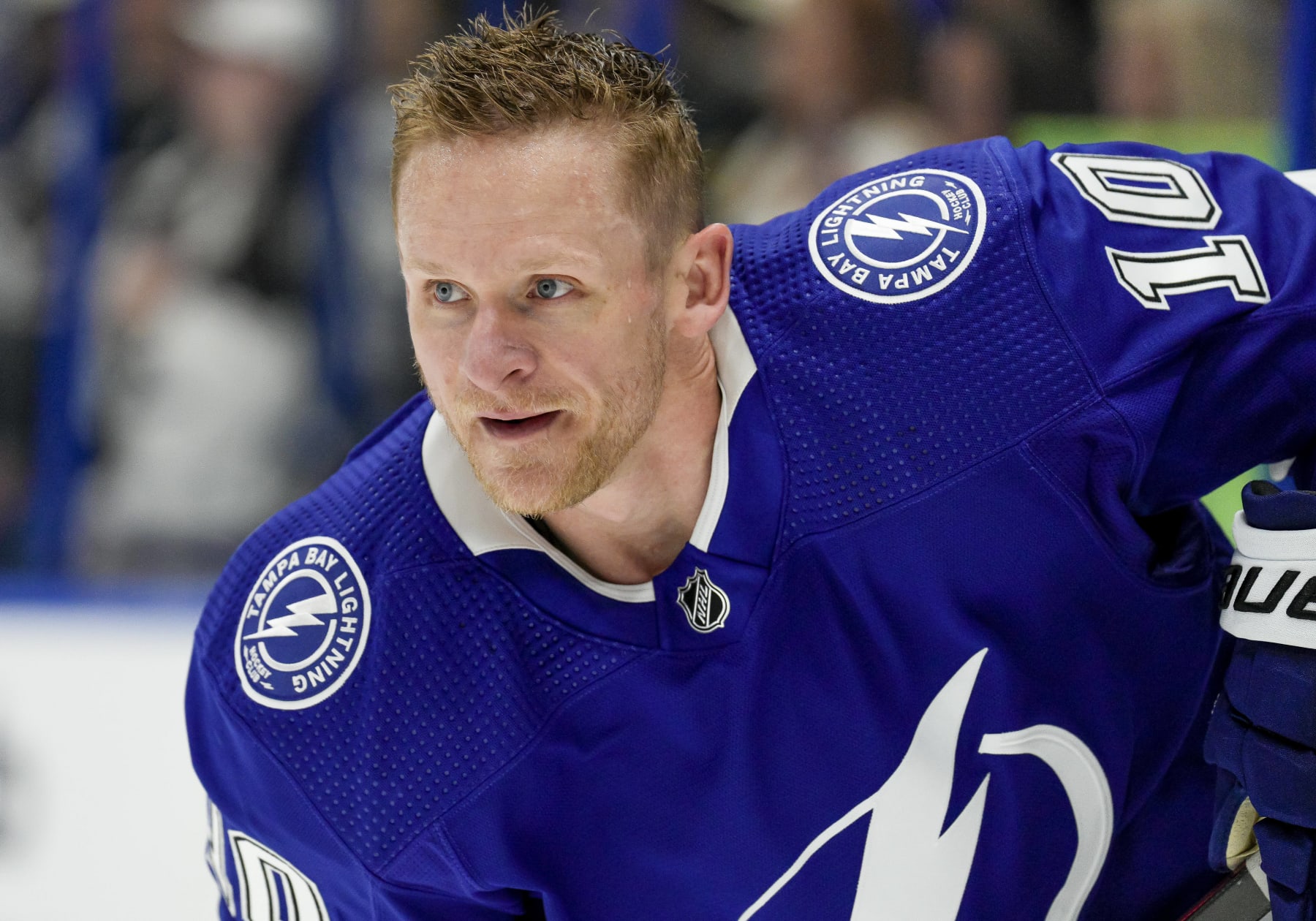 TAMPA, FL - APRIL 29: Tampa Bay Lightning right wing Corey Perry (10) warms up before  Game Six of the First Round of the 2023 Stanley Cup Playoffs between the Tampa Bay Lightning and Toronto Maple Leafs on April 29th 2023 at Amalie Arena in Tampa, FL. (Photo by Andrew Bershaw/Icon Sportswire via Getty Images)
