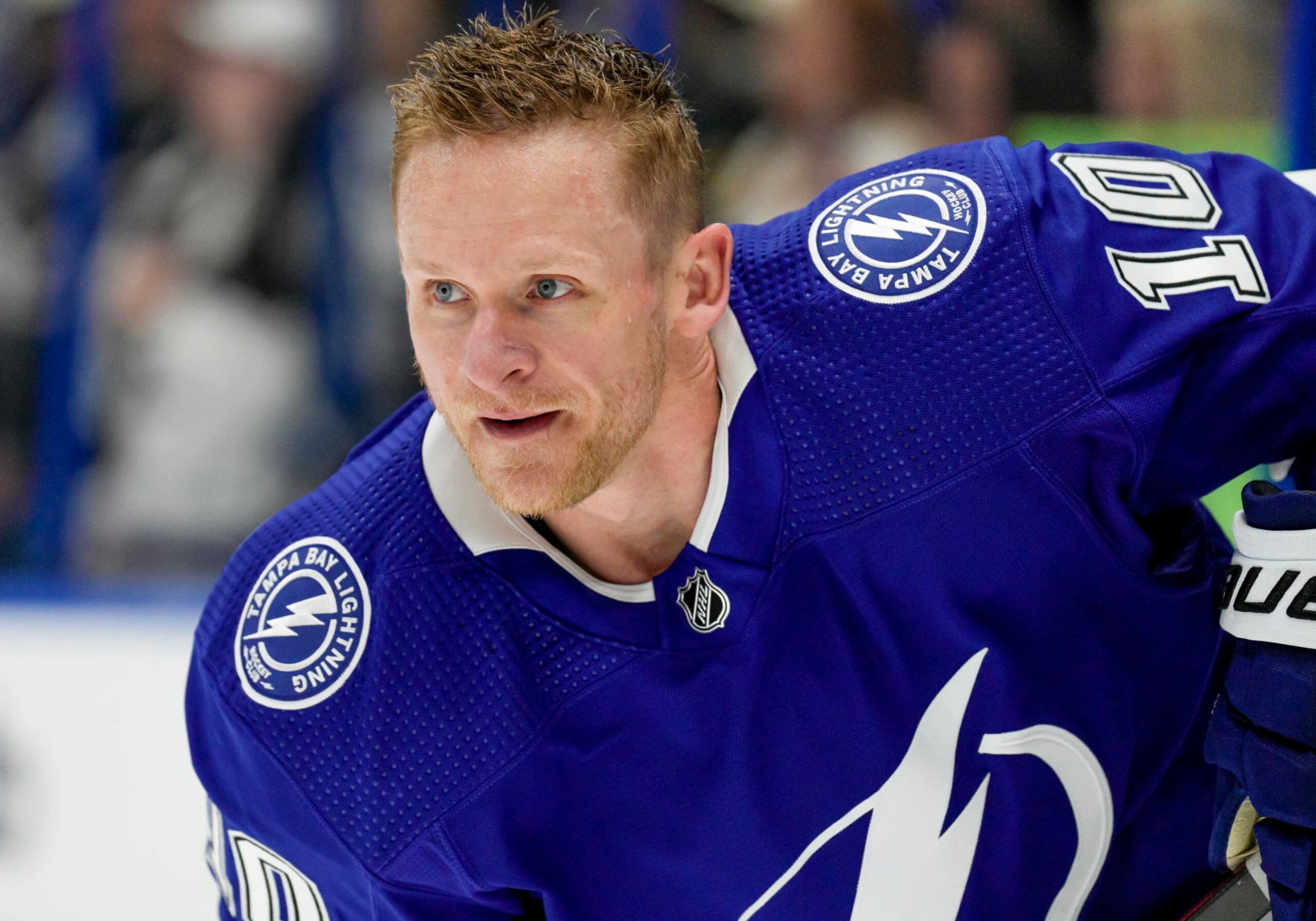 TAMPA, FL - APRIL 29: Tampa Bay Lightning right wing Corey Perry (10) warms up before  Game Six of the First Round of the 2023 Stanley Cup Playoffs between the Tampa Bay Lightning and Toronto Maple Leafs on April 29th 2023 at Amalie Arena in Tampa, FL. (Photo by Andrew Bershaw/Icon Sportswire via Getty Images)