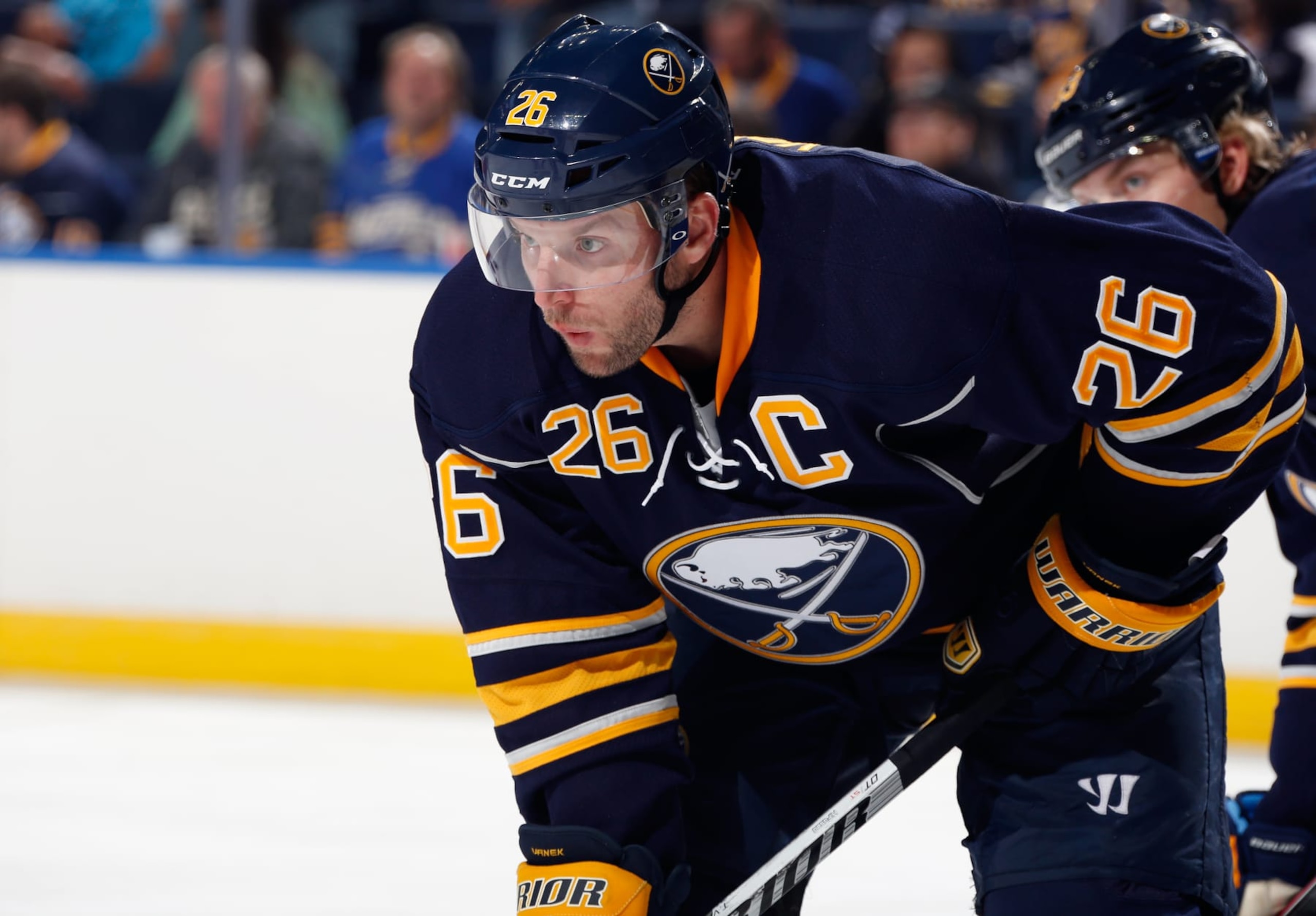 BUFFALO, NY - SEPTEMBER 19: Thomas Vanek #26 of the Buffalo Sabres waits for a face-off against the Carolina Hurricanes at First Niagara Center on September 19, 2013 in Buffalo, New York.  (Photo by Jen Fuller/Getty Images)