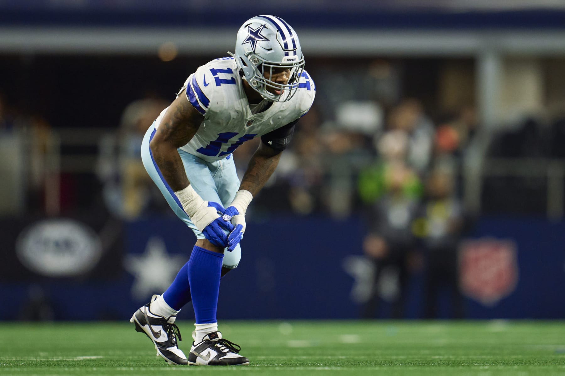 ARLINGTON, TX - DECEMBER 24: Linebacker Micah Parsons #11 of the Dallas Cowboys defends against the Philadelphia Eagles during the second half at AT&T Stadium on December 24, 2022 in Arlington, Texas. (Photo by Cooper Neill/Getty Images)