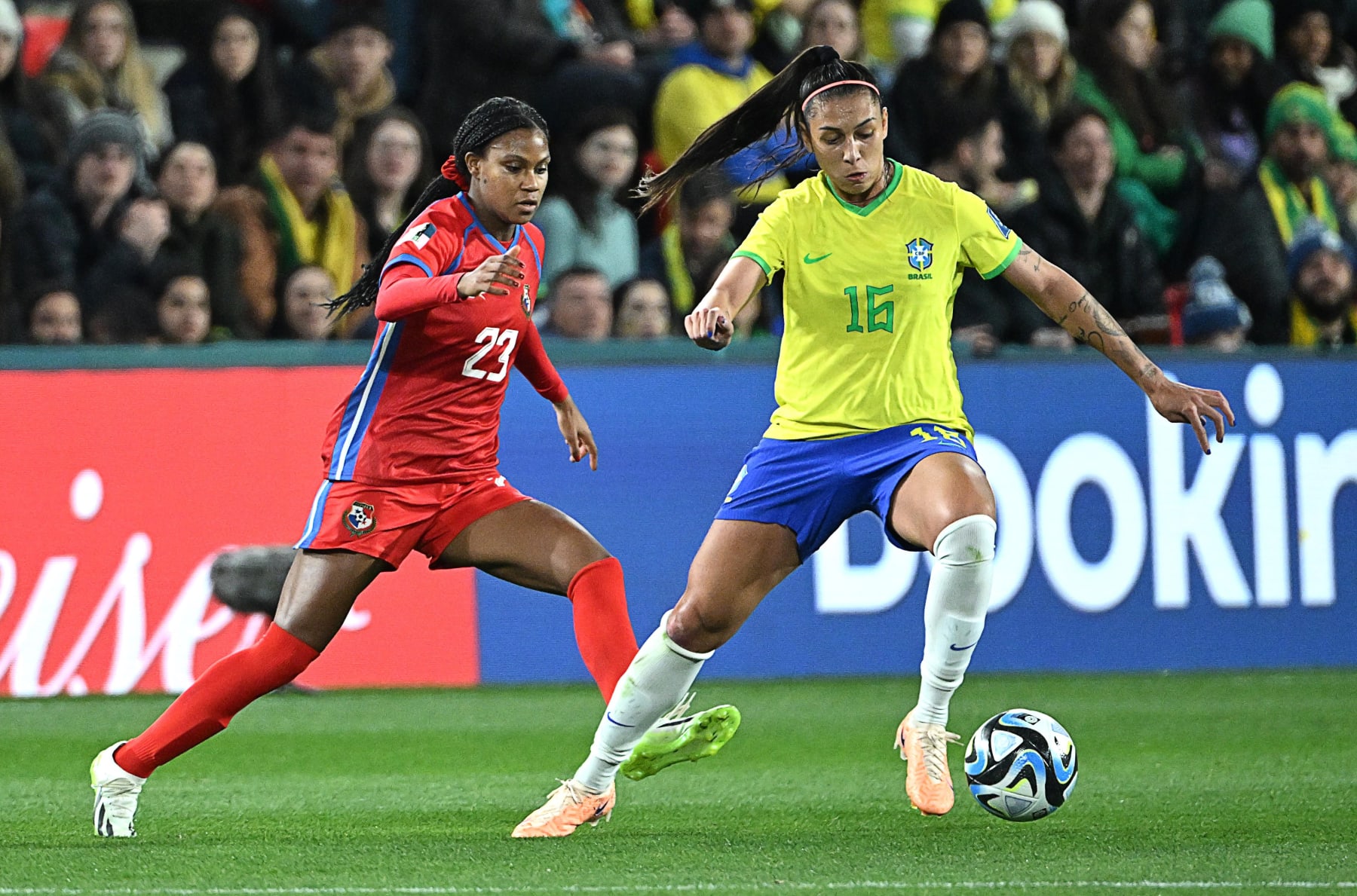Brazil's Bia Zaneratto R vies with Panama's Carina Baltrip-Reyes during the Group F match between Brazil and Panama at the 2023 FIFA Women's World Cup in Adelaide, Australia, July 24, 2023. (Photo by Xiong Qi/Xinhua via Getty Images)
