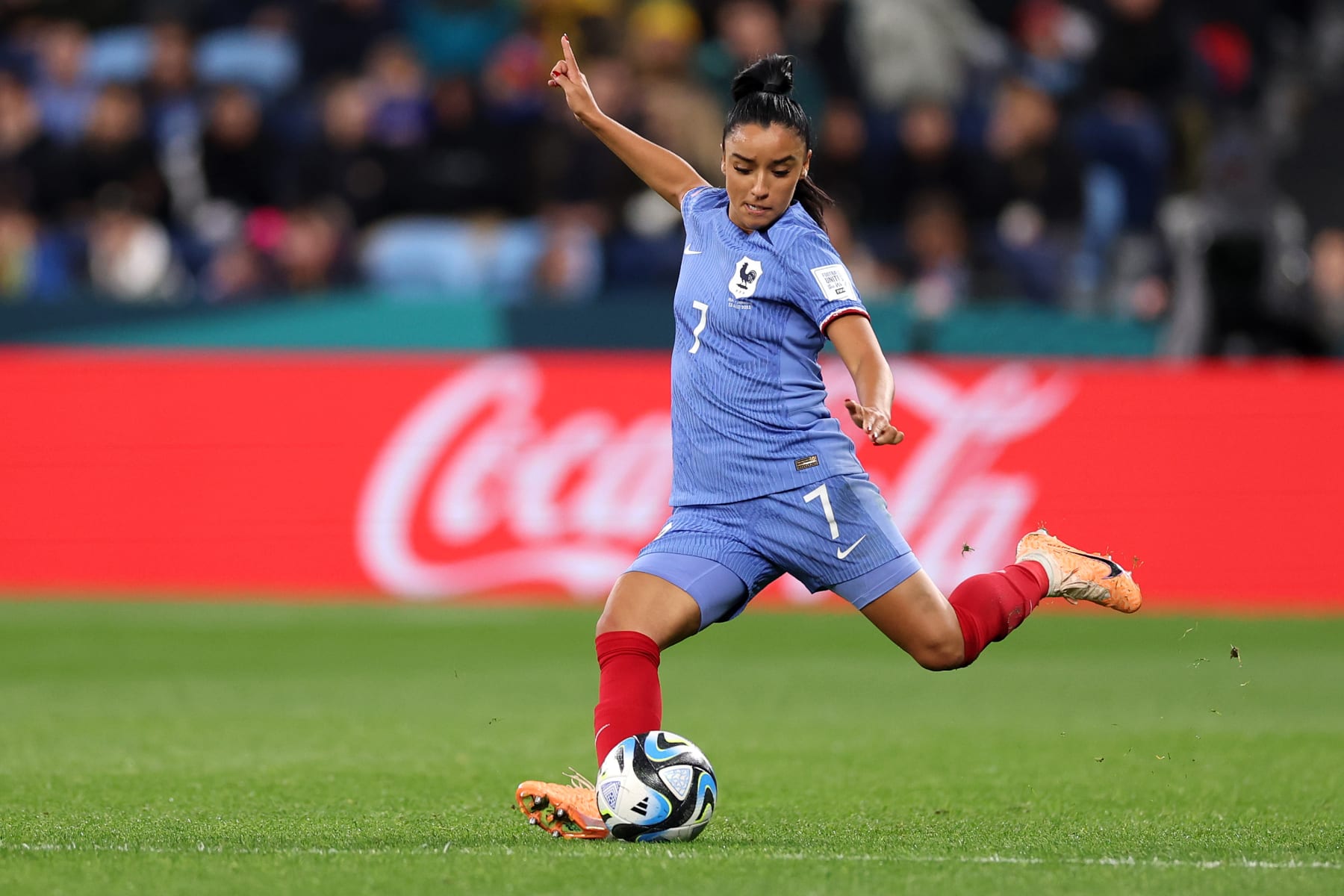 SYDNEY, AUSTRALIA - JULY 23: Sakina Karchaoui of France plays the ball downfield during the FIFA Women's World Cup Australia & New Zealand 2023 Group F match between France and Jamaica at Sydney Football Stadium on July 23, 2023 in Sydney, Australia. (Photo by Maddie Meyer - FIFA/FIFA via Getty Images)
