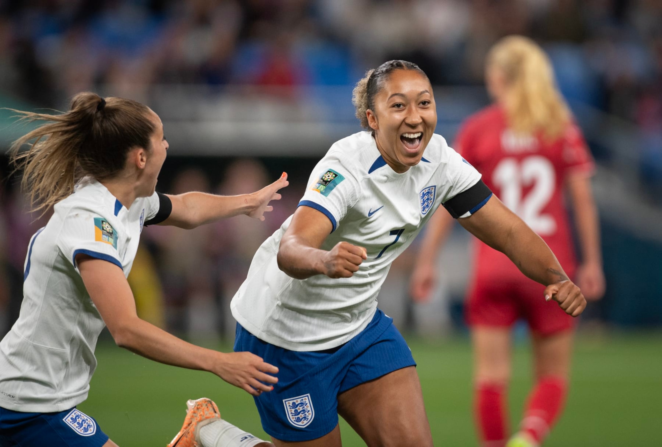 SYDNEY, AUSTRALIA - JULY 28: Lauren James of England celebrates scoring with team mate Ella Toone during the FIFA Women's World Cup Australia & New Zealand 2023 Group D match between England and Denmark at Sydney Football Stadium on July 28, 2023 in Sydney, Australia. (Photo by Joe Prior/Visionhaus via Getty Images)