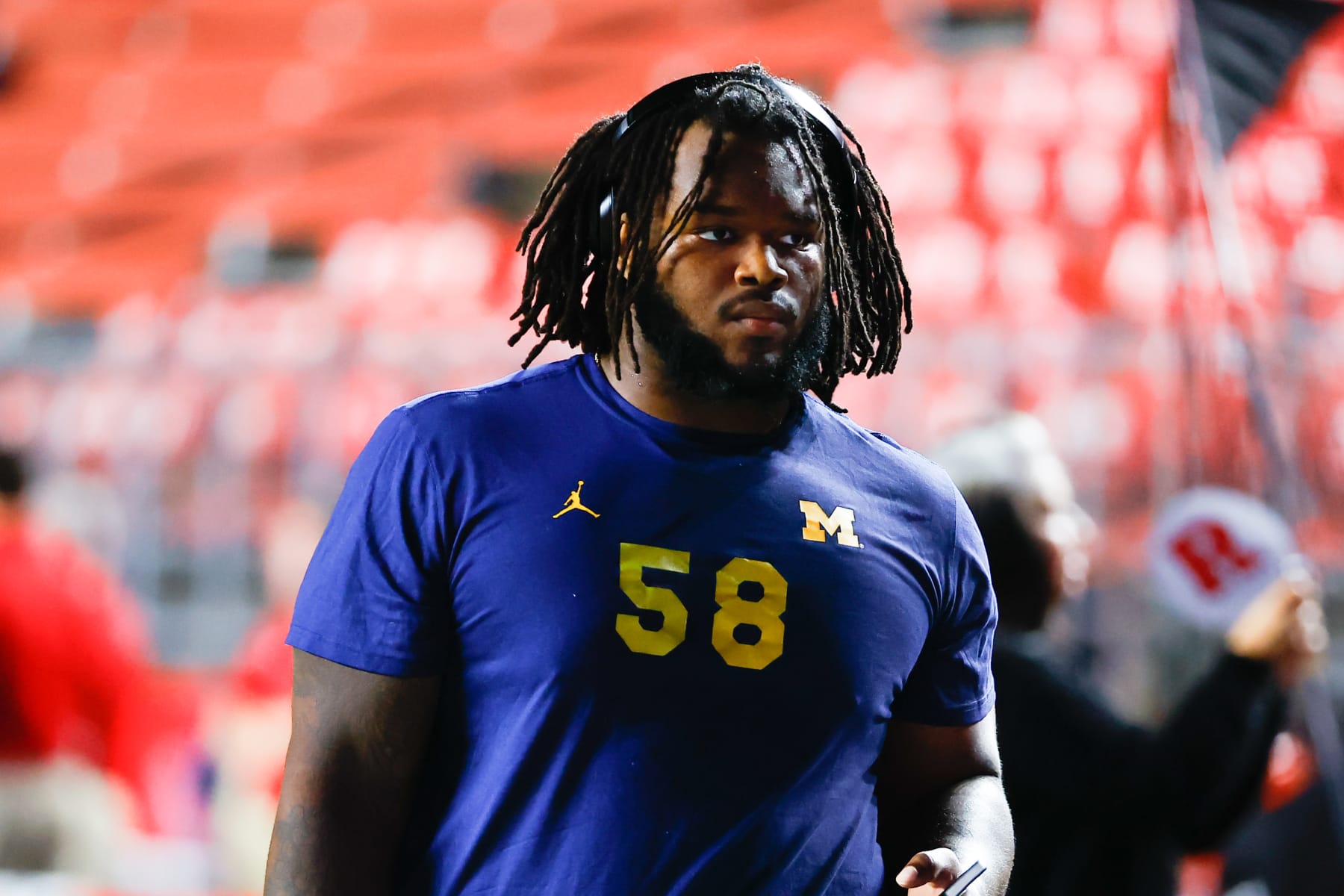 PISCATAWAY, NJ - NOVEMBER 05: Michigan Wolverines defensive lineman Mazi Smith (58) prior to the college football game against the Rutgers Scarlet Knights on November 5, 2022 at SHI Stadium in Piscataway, New Jersey. (Photo by Rich Graessle/Icon Sportswire via Getty Images) PISCATAWAY, NJ - NOVEMBER 05: Michigan Wolverines defensive lineman Mazi Smith (58) prior to the college football game against the Rutgers Scarlet Knights on November 5, 2022 at SHI Stadium in Piscataway, New Jersey. (Photo by Rich Graessle/Icon Sportswire via Getty Images)