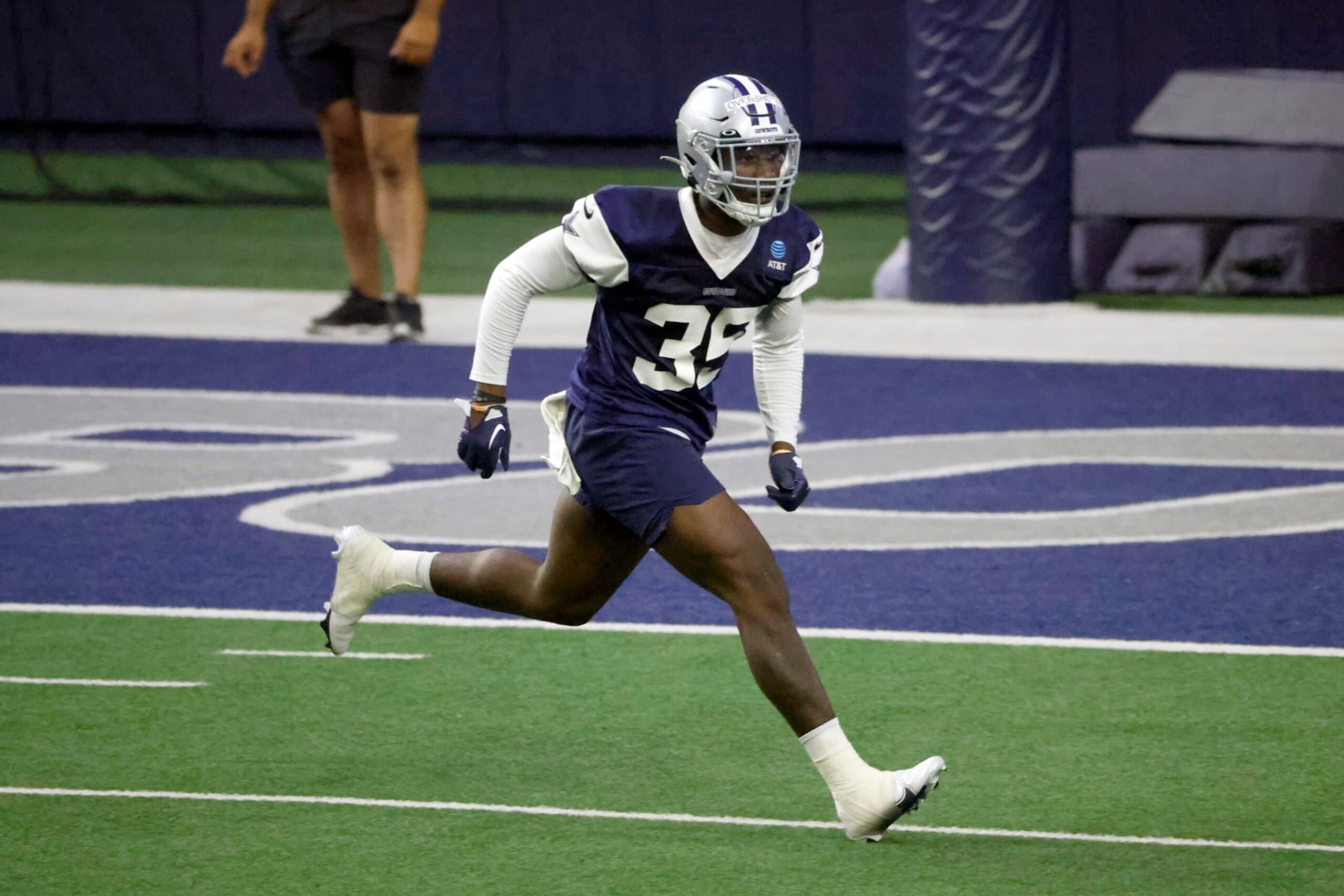 Dallas Cowboys linebacker DeMarvion Overshown (35) defends during NFL football practice at the team's training facility in Frisco, Texas, Thursday, May 25, 2023. (AP Photo/Michael Ainsworth)