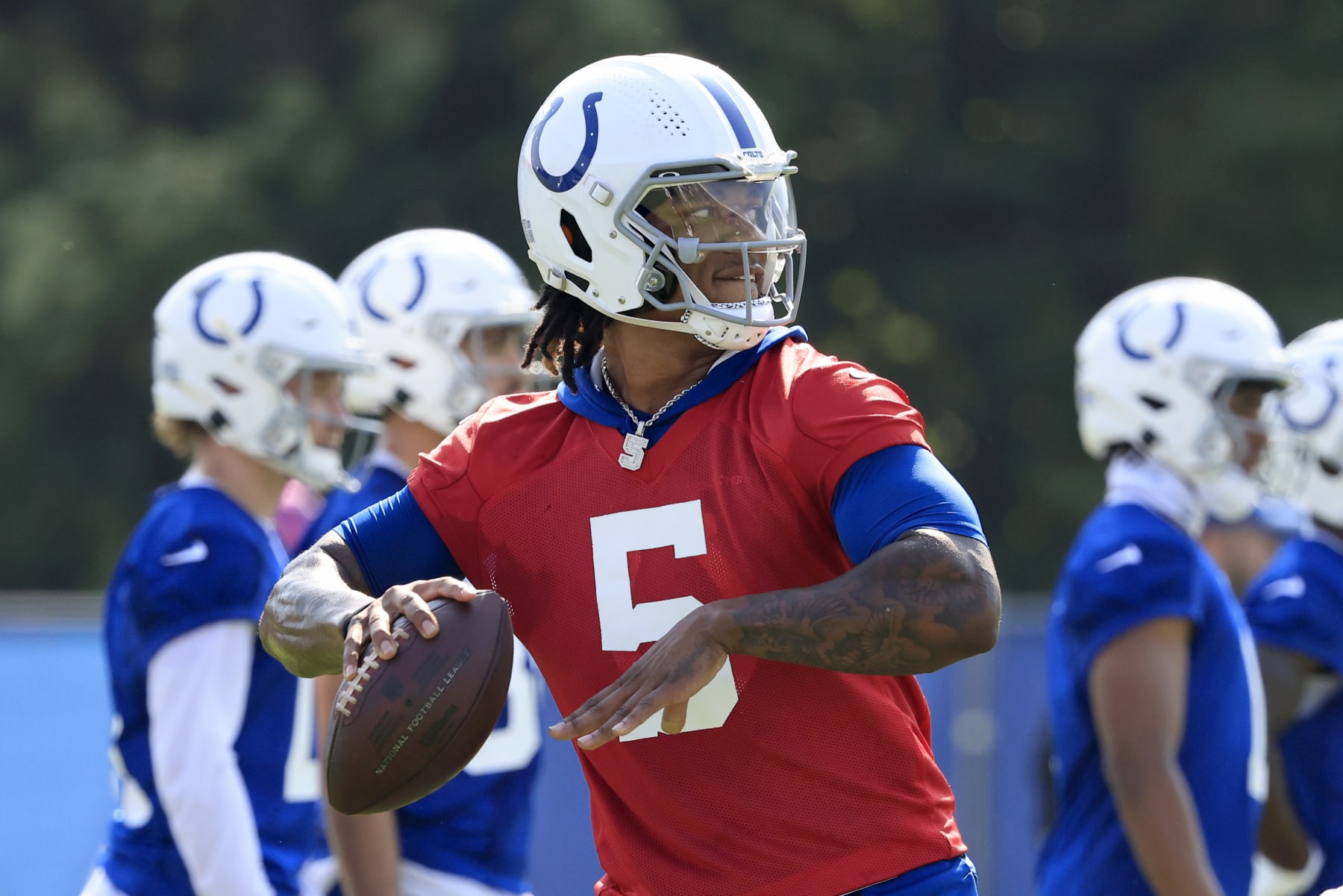 WESTFIELD, INDIANA - JULY 26: Anthony Richardson #5 of the Indianapolis Colts throws the ball on the first day of the Indianapolis Colts Training Camp at Grand Park Sports Campus on July 26, 2023 in Westfield, Indiana. (Photo by Justin Casterline/Getty Images)