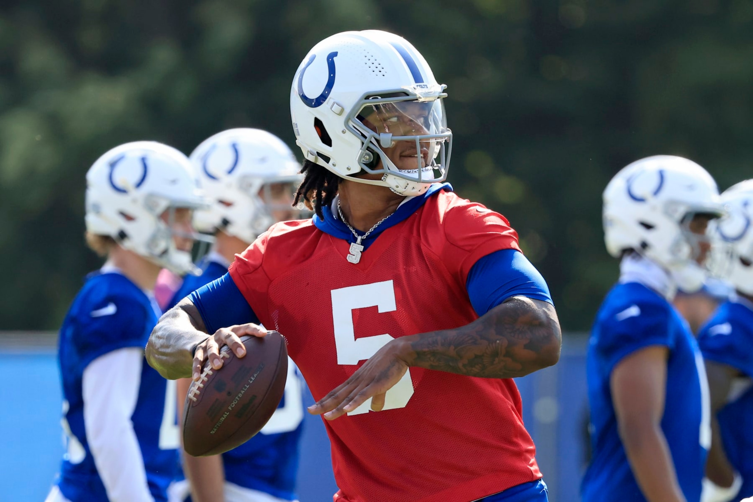 WESTFIELD, INDIANA - JULY 26: Anthony Richardson #5 of the Indianapolis Colts throws the ball on the first day of the Indianapolis Colts Training Camp at Grand Park Sports Campus on July 26, 2023 in Westfield, Indiana. (Photo by Justin Casterline/Getty Images)