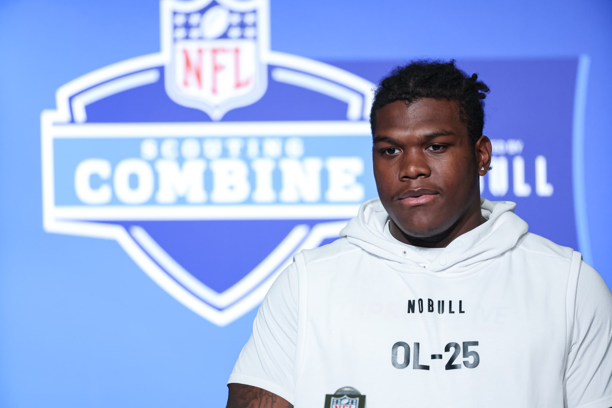 INDIANAPOLIS, IN - MARCH 04: Offensive lineman Broderick Jones of Georgia speaks to the media during the NFL Combine at Lucas Oil Stadium on March 4, 2023 in Indianapolis, Indiana. (Photo by Michael Hickey/Getty Images)