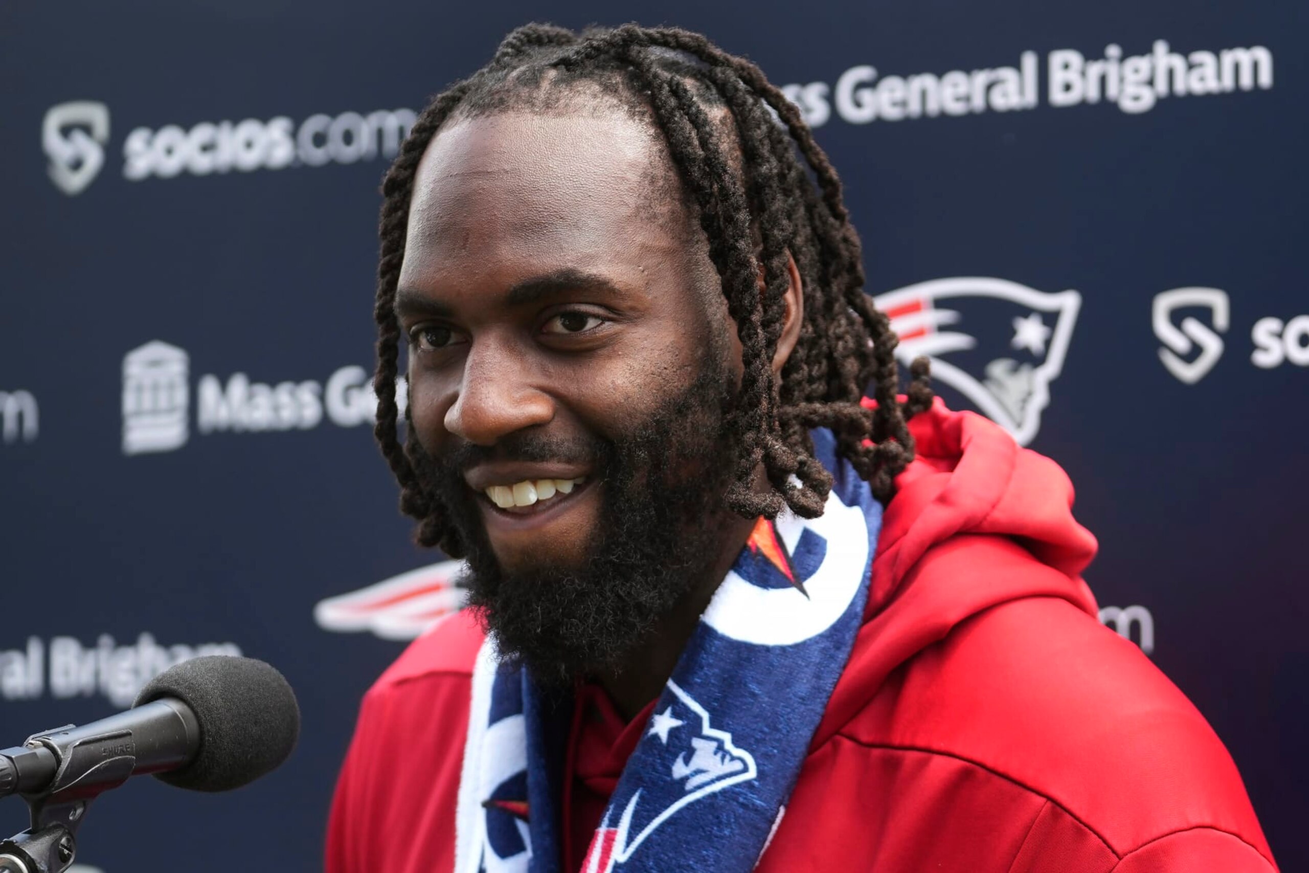 New England Patriots linebacker Matthew Judon speaks with reporters following an NFL football practice, Tuesday, June 13, 2023, in Foxborough, Mass. (AP Photo/Steven Senne)
