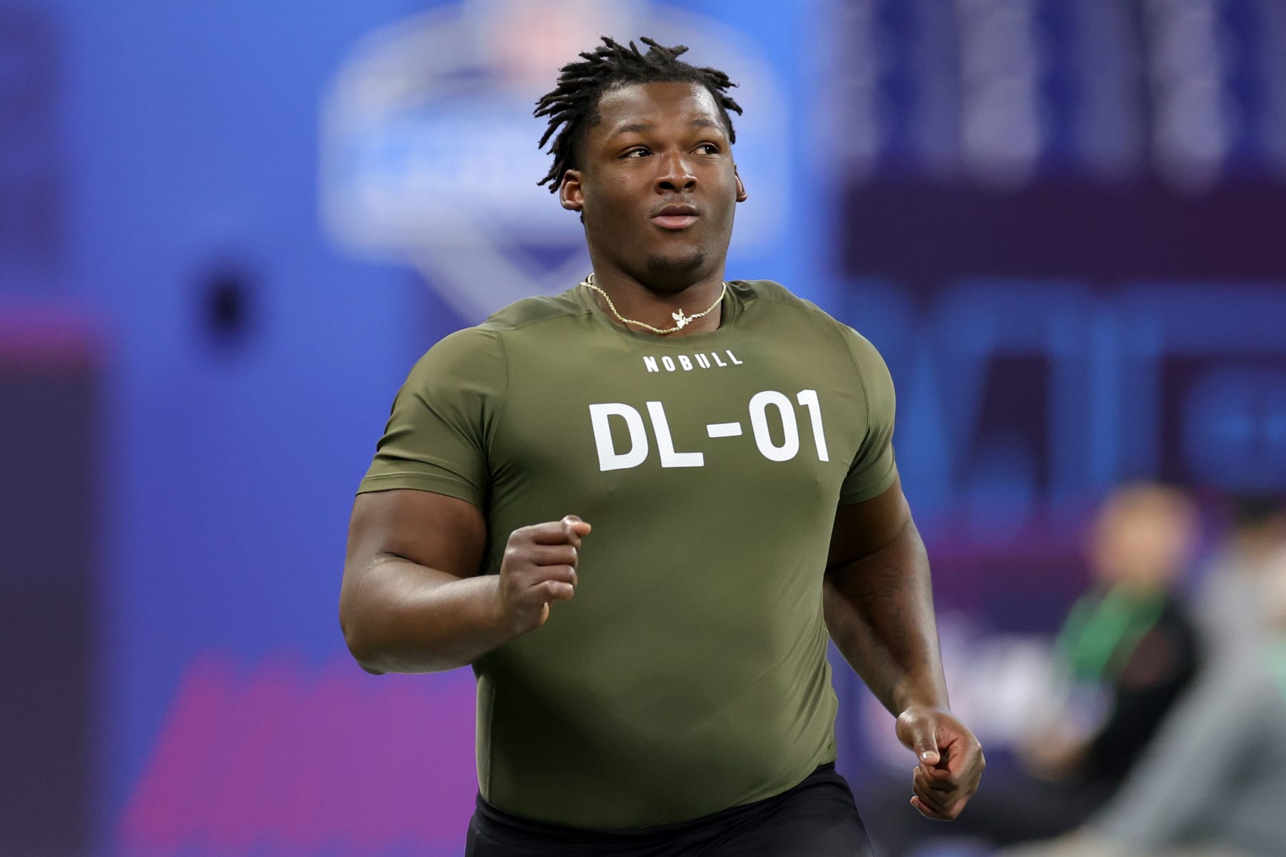 INDIANAPOLIS, INDIANA - MARCH 02: Keeanu Benton of Wisconsin participates in the 40-yard dash during the NFL Combine at Lucas Oil Stadium on March 02, 2023 in Indianapolis, Indiana. (Photo by Stacy Revere/Getty Images)