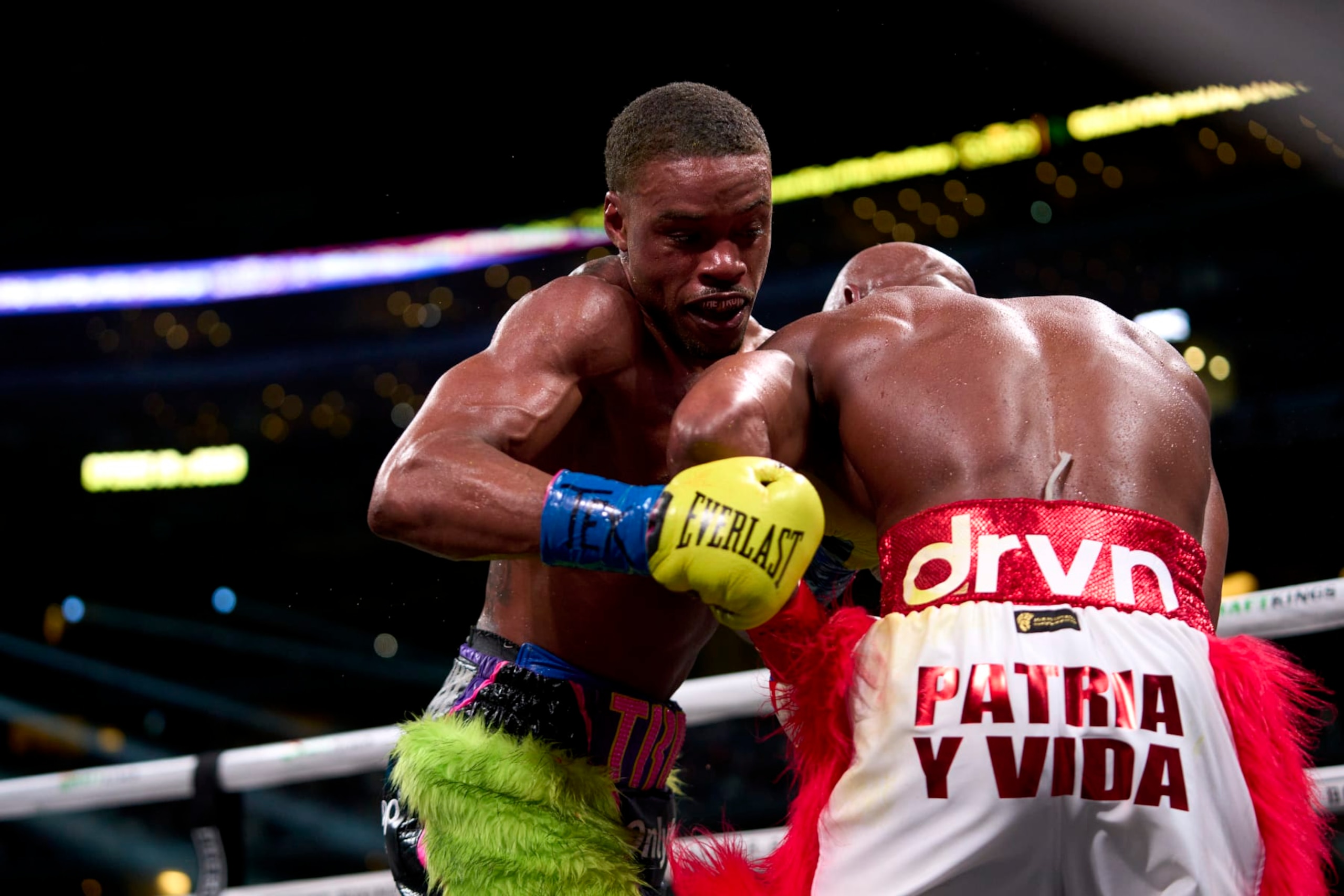 Errol Spence Jr. connects with a punch against Yordenis Ugas.
