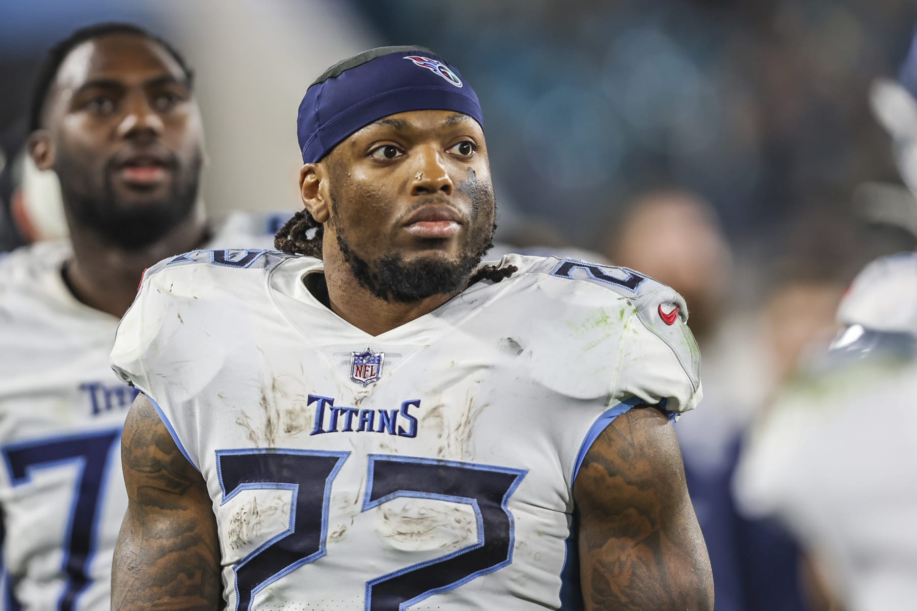 Tennessee Titans running back Derrick Henry (22) walks the sideline during an NFL football game against the Jacksonville Jaguars, Saturday, Jan. 7, 2023, in Jacksonville, Fla. The Jaguars defeated the Titans 20-16. (AP Photo/Gary McCullough)