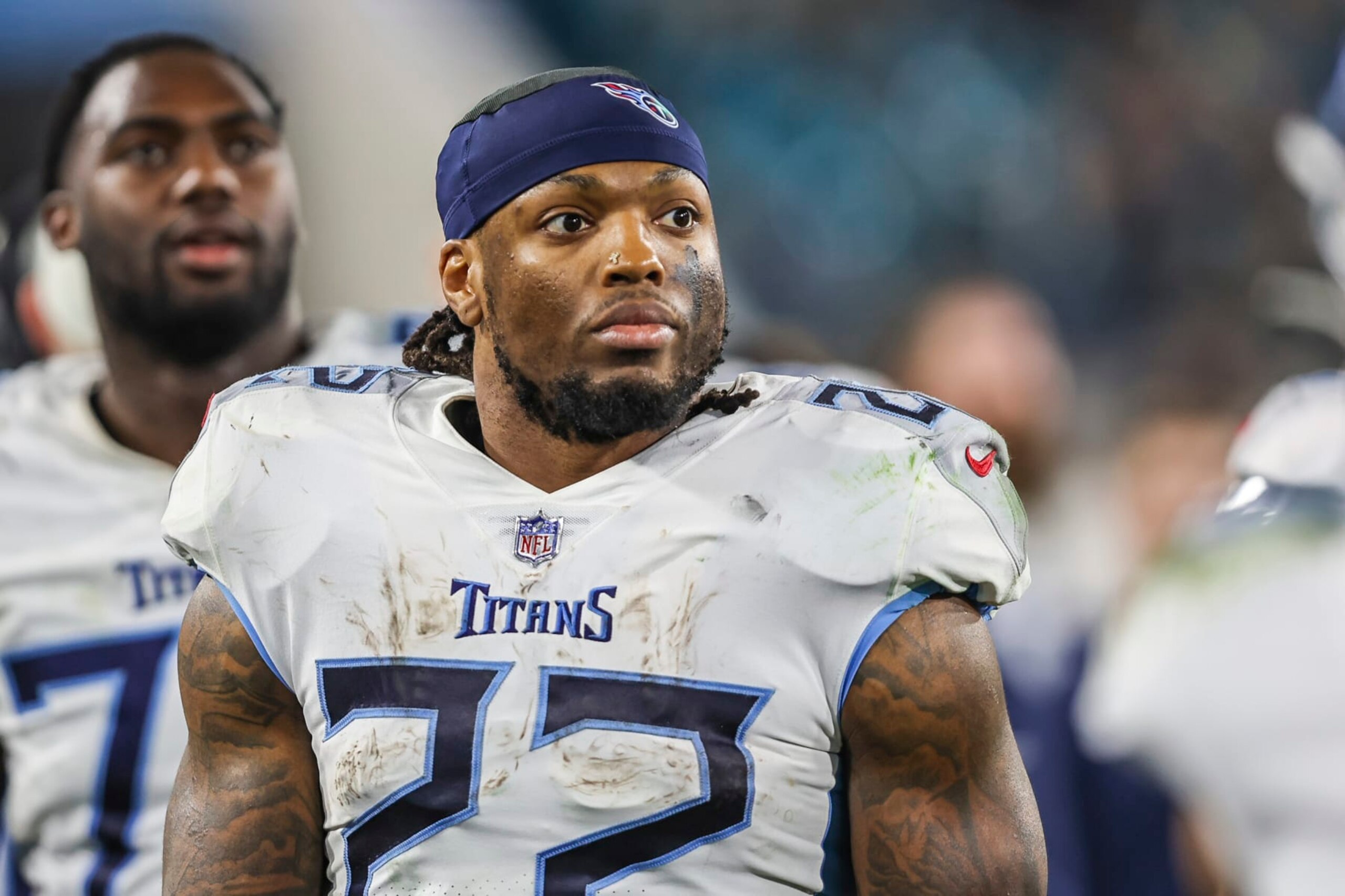 Tennessee Titans running back Derrick Henry (22) walks the sideline during an NFL football game against the Jacksonville Jaguars, Saturday, Jan. 7, 2023, in Jacksonville, Fla. The Jaguars defeated the Titans 20-16. (AP Photo/Gary McCullough)