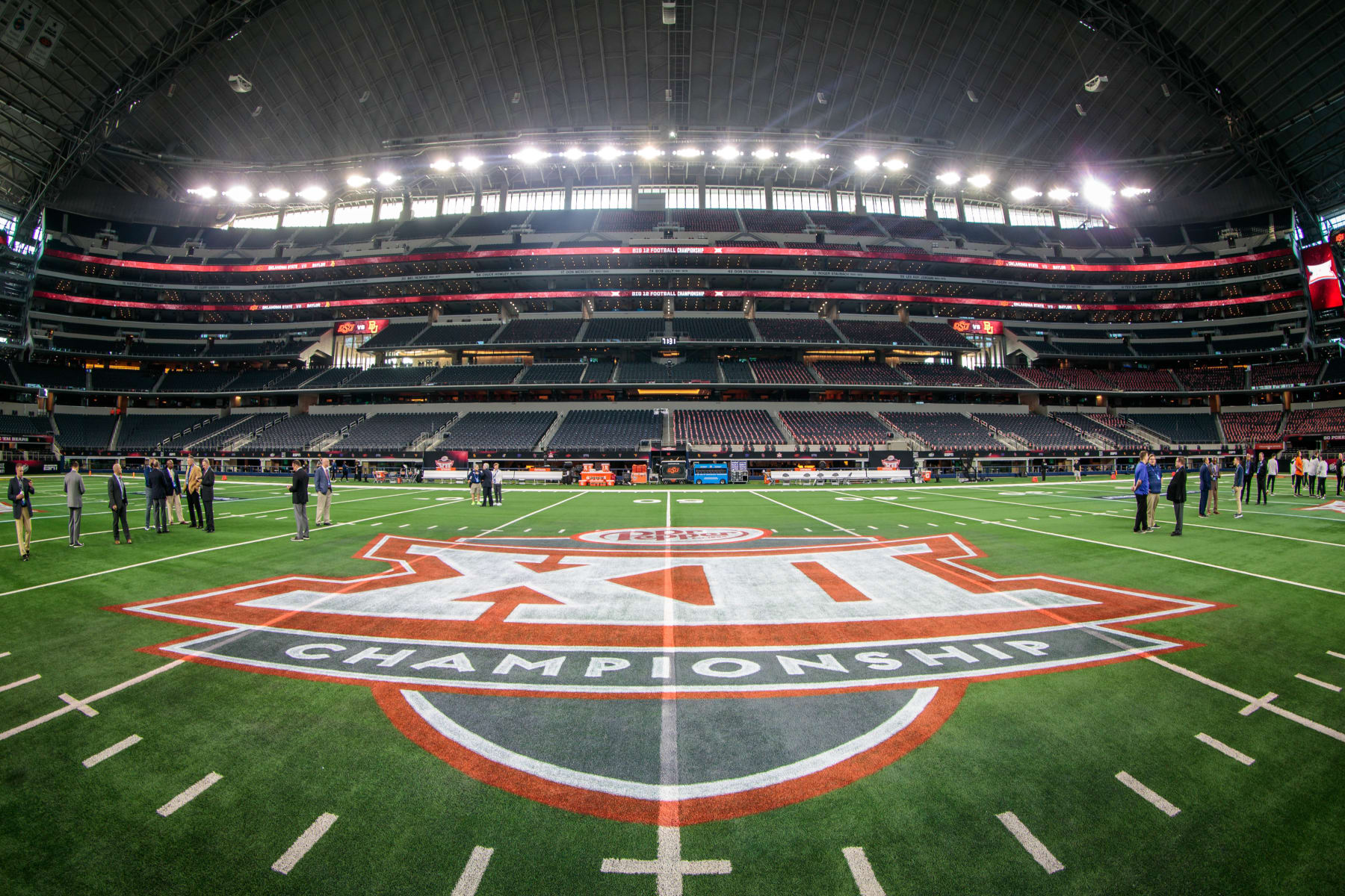 ARLINGTON, TX - DECEMBER 04: Big 12 championship logo mid field prior to the game between the Oklahoma State Cowboys and the Baylor Bears on December 4th, 2021 at ATT Stadium in Dallas Texas. (Photo by William Purnell/Icon Sportswire via Getty Images)