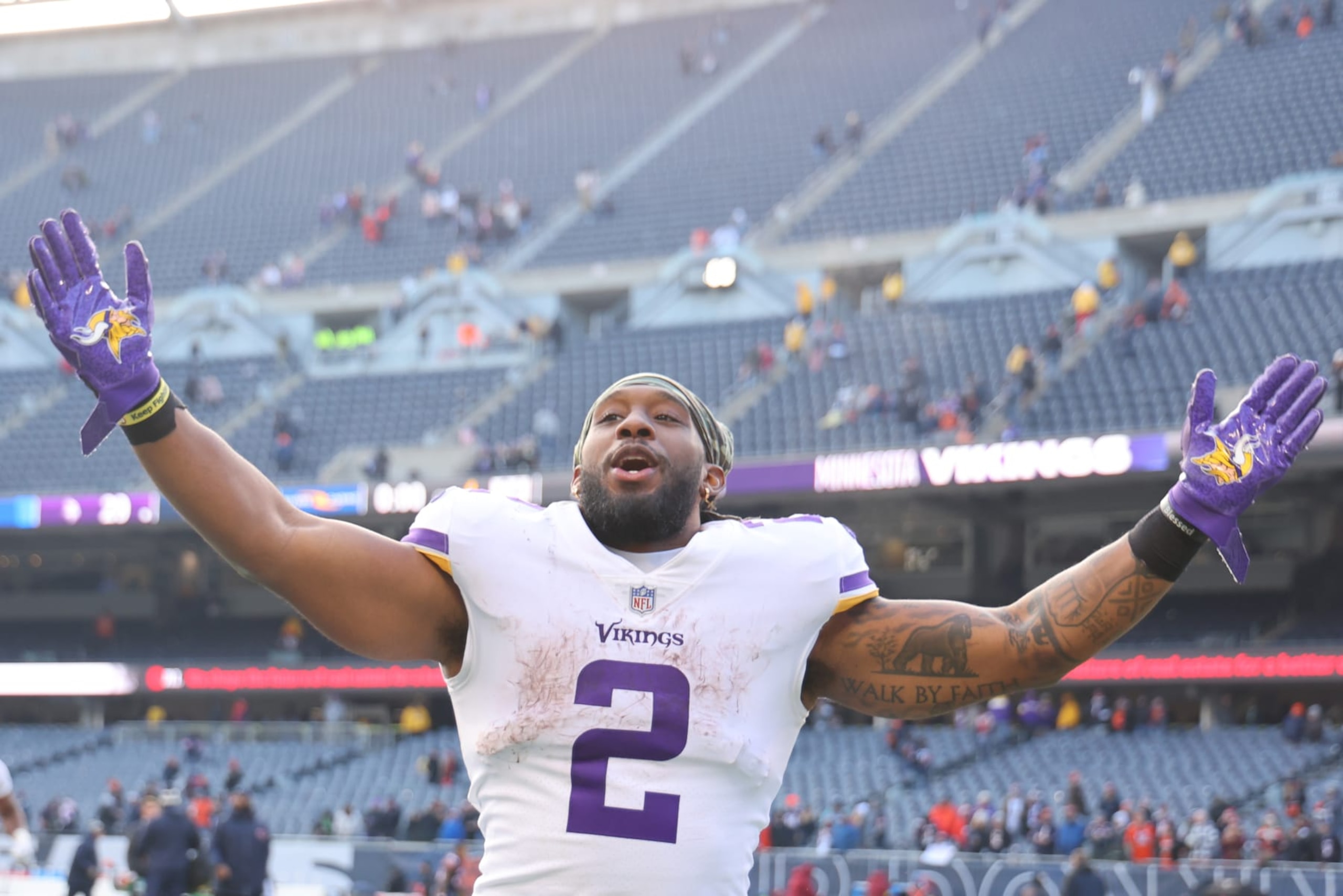CHICAGO, ILLINOIS - JANUARY 08: Alexander Mattison #2 of the Minnesota Vikings looks on after the game against the Chicago Bears at Soldier Field on January 08, 2023 in Chicago, Illinois. (Photo by Michael Reaves/Getty Images)