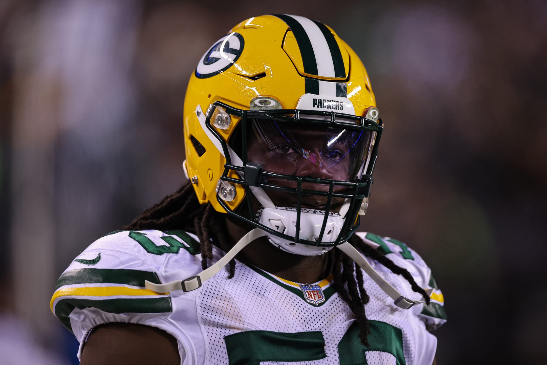 PHILADELPHIA, PA - NOVEMBER 27: Jonathan Garvin #53 of the Green Bay Packers looks on against the Philadelphia Eagles during the second half at Lincoln Financial Field on November 27, 2022 in Philadelphia, Pennsylvania. (Photo by Scott Taetsch/Getty Images)