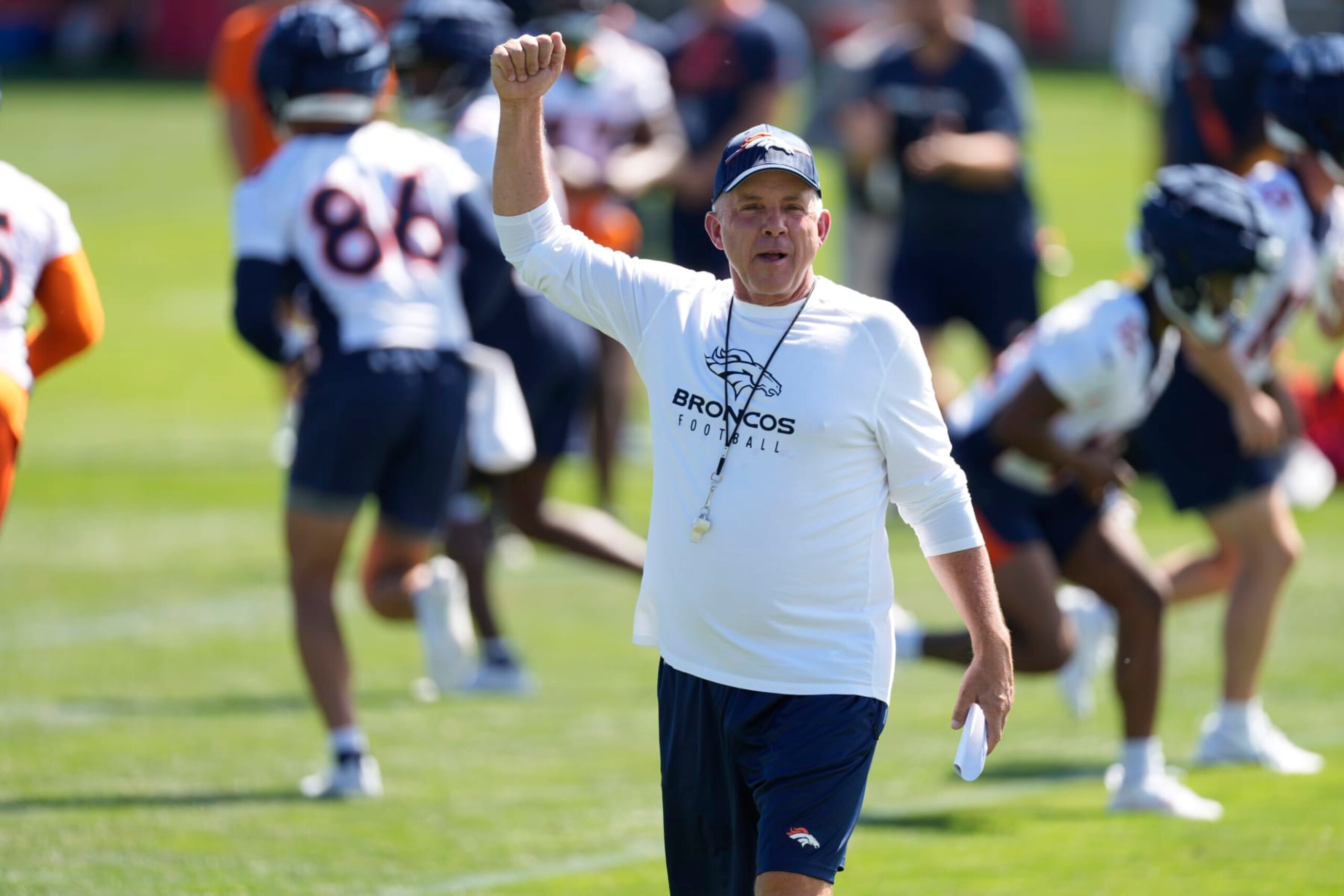 Denver Broncos head coach Sean Payton looks on during an NFL football training camp session at the team's headquarters Thursday, July 27, 2023, in Centennial, Colo. (AP Photo/David Zalubowski)
