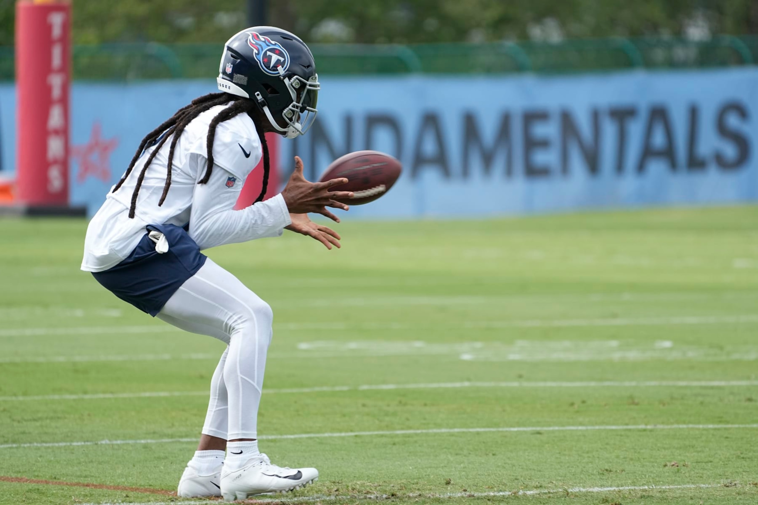 Tennessee Titans wide receiver DeAndre Hopkins makes a catch during an NFL football training camp practice Wednesday, July 26, 2023, in Nashville, Tenn. (AP Photo/George Walker IV)