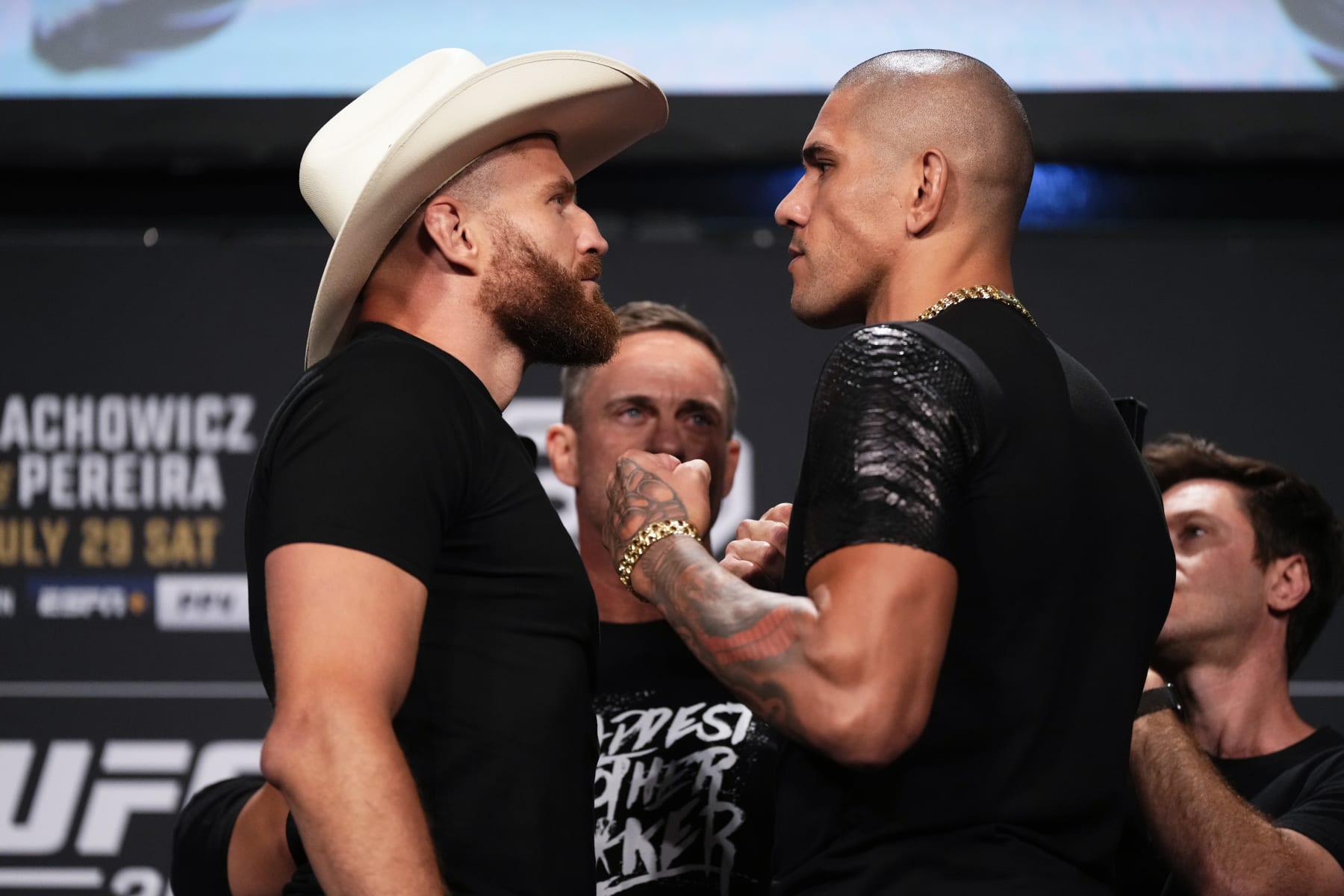 SALT LAKE CITY, UTAH - JULY 27: (L-R) Opponents Jan Blachowicz of Poland and Alex Pereira of Brazil face off during the UFC 291 press conference at Salt Palace Convention Center on July 27, 2023 in Salt Lake City, Utah. (Photo by Jeff Bottari/Zuffa LLC via Getty Images)