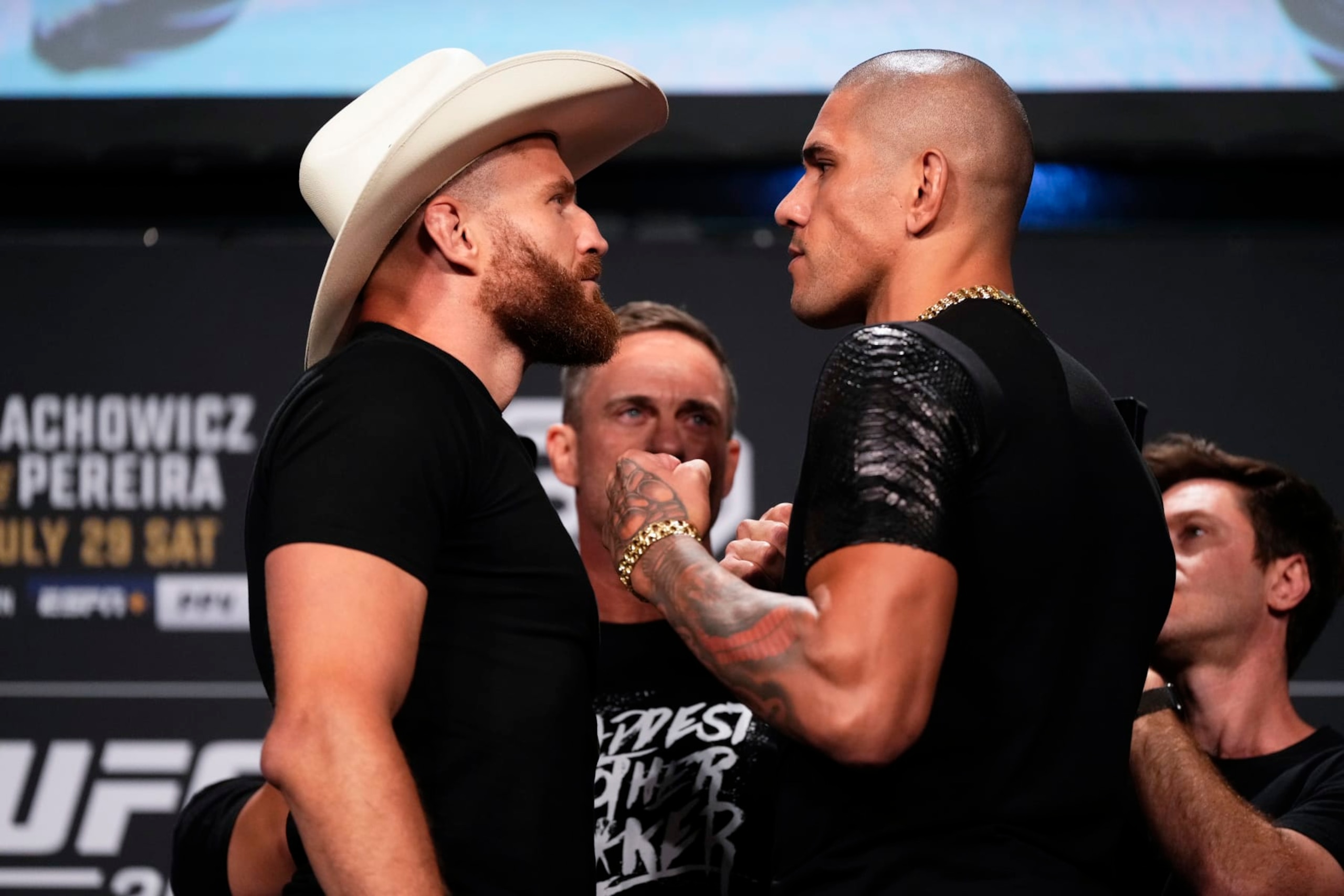 SALT LAKE CITY, UTAH - JULY 27: (L-R) Opponents Jan Blachowicz of Poland and Alex Pereira of Brazil face off during the UFC 291 press conference at Salt Palace Convention Center on July 27, 2023 in Salt Lake City, Utah. (Photo by Jeff Bottari/Zuffa LLC via Getty Images)