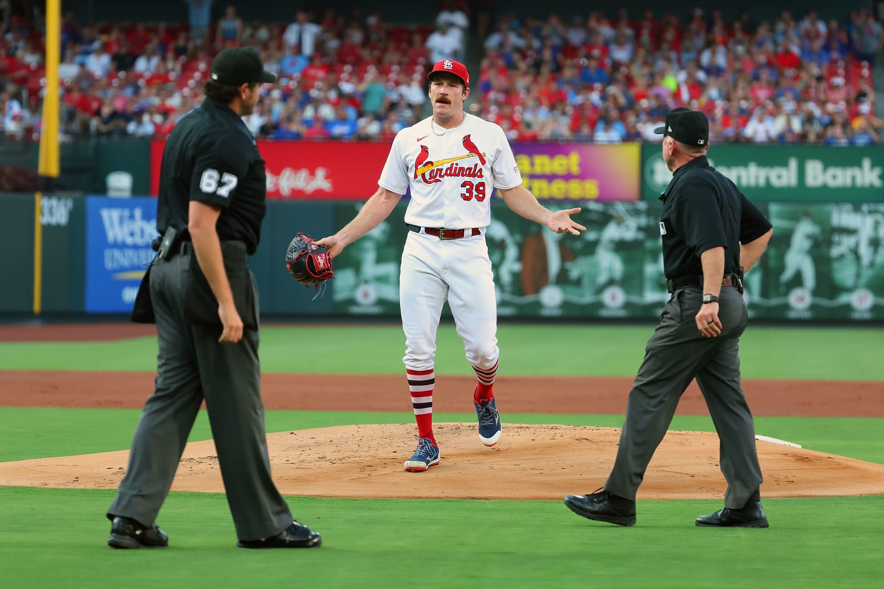 ST LOUIS, MISSOURI - JULY 27: Miles Mikolas #39 of the St. Louis Cardinals reacts after being ejected from the game for hitting a batter in the first inning against the Chicago Cubs at Busch Stadium on July 27, 2023 in St Louis, Missouri. (Photo by Dilip Vishwanat/Getty Images)