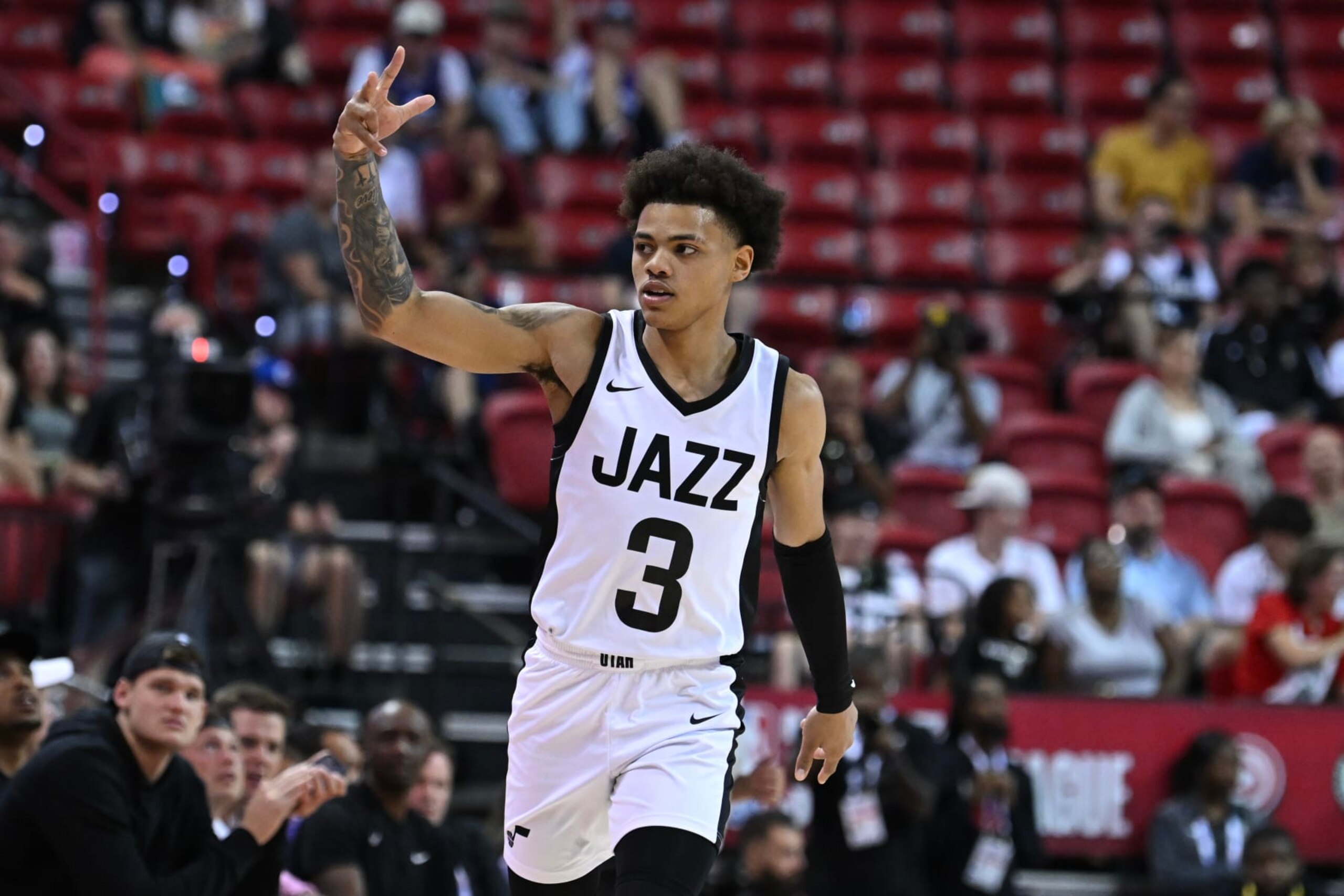 LAS VEGAS, NEVADA - JULY 08: Keyonte George #3 of Utah Jazz reacts to hitting a three point basket against the LA Clippers during the fourth quarter of a 2023 NBA Summer League game at the Thomas & Mack Center on July 08, 2023 in Las Vegas, Nevada. NOTE TO USER: User expressly acknowledges and agrees that, by downloading and or using this photograph, User is consenting to the terms and conditions of the Getty Images License Agreement. (Photo by Candice Ward/Getty Images)