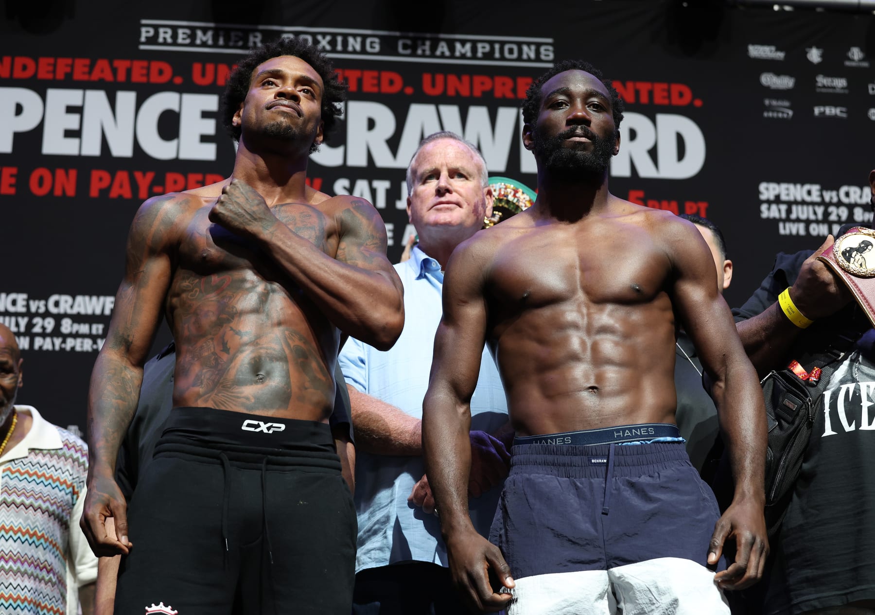 LAS VEGAS, NEVADA - JULY 28:  Errol Spence Jr.  faces off against Terrence Crawford  during their weigh-in at T-Mobile Arena on July 28, 2023.   Spence Jr. and Crawford will fight for the Undisputed World Welterweight Championship at T-Mobile Arena in Las Vegas on July 29.  (Photo by Al Bello/Getty Images)