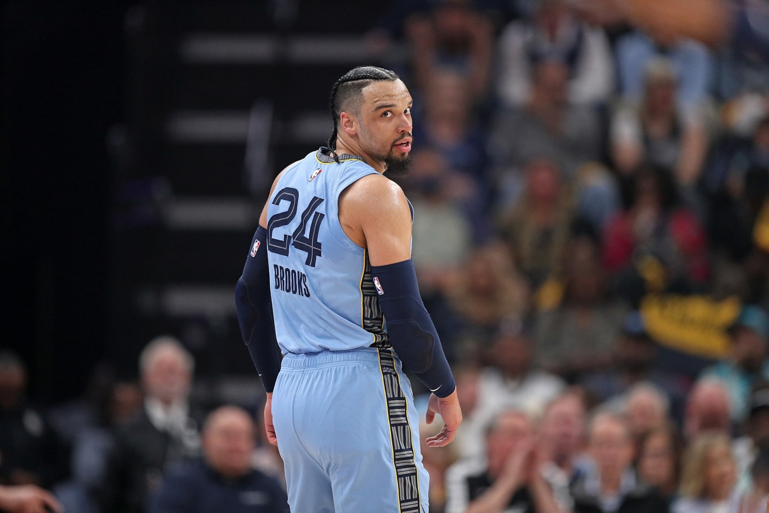 MEMPHIS, TENNESSEE - APRIL 26: Dillon Brooks #24 of the Memphis Grizzlies looks on against the Los Angeles Lakers during Game Five of the Western Conference First Round Playoffs at FedExForum on April 26, 2023 in Memphis, Tennessee. NOTE TO USER: User expressly acknowledges and agrees that, by downloading and or using this photograph, User is consenting to the terms and conditions of the Getty Images License Agreement. (Photo by Justin Ford/Getty Images)
