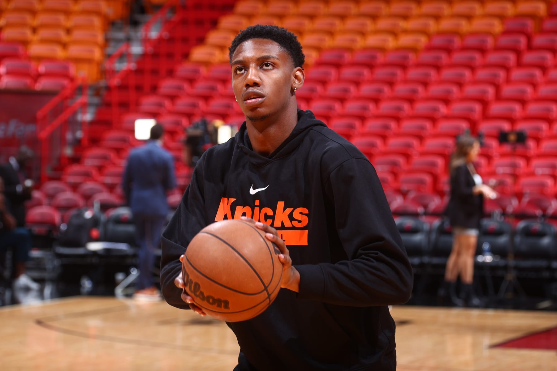 MIAMI, FL - MAY 8: RJ Barrett #9 of the New York Knicks warms up before the game Game Four of the Eastern Conference Semi-Finals of the 2023 NBA Playoffs against the Miami Heat on May 8, 2023 at Miami-Dade Arena in Miami, Florida. NOTE TO USER: User expressly acknowledges and agrees that, by downloading and or using this Photograph, user is consenting to the terms and conditions of the Getty Images License Agreement. Mandatory Copyright Notice: Copyright 2023 NBAE (Photo by Nathaniel S. Butler/NBAE via Getty Images)