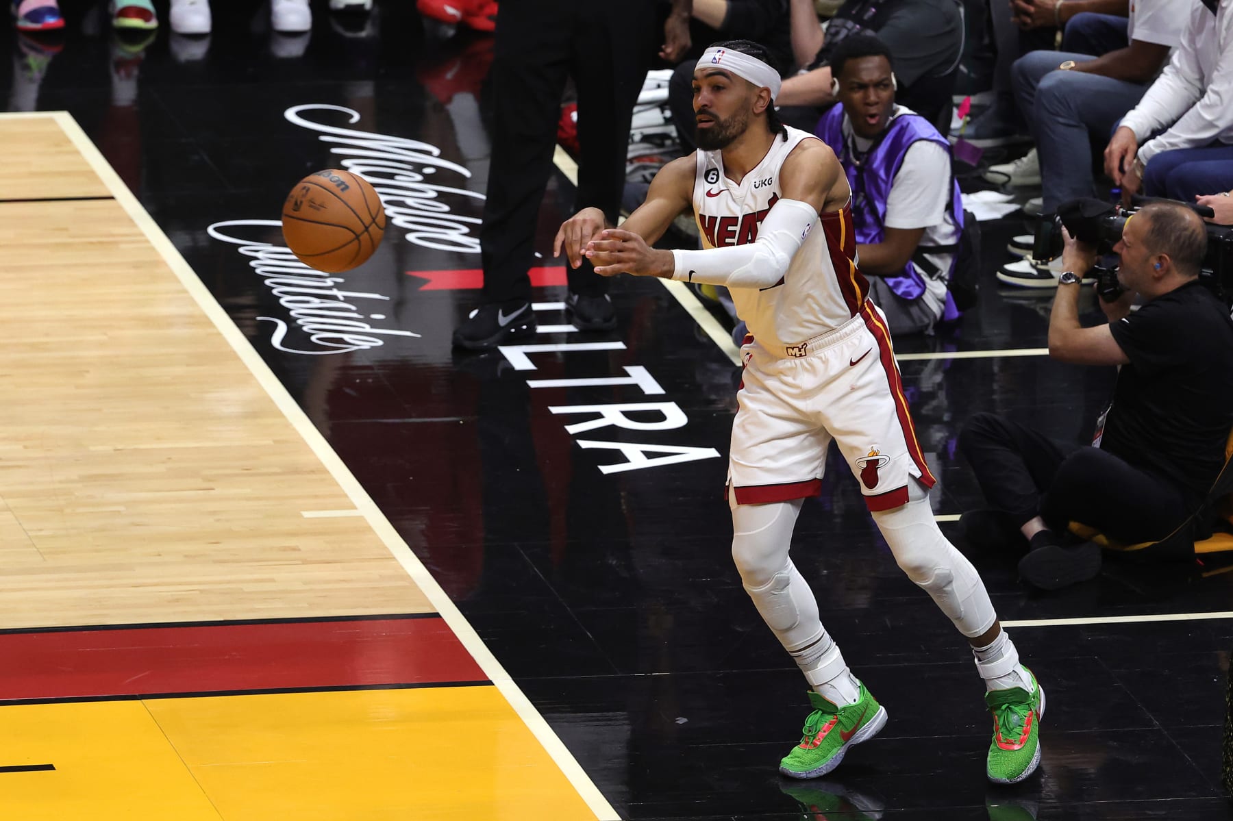 MIAMI, FLORIDA - JUNE 09: Gabe Vincent #2 of the Miami Heat inbounds the ball during the third quarter against the Denver Nuggets in Game Four of the 2023 NBA Finals at Kaseya Center on June 09, 2023 in Miami, Florida. NOTE TO USER: User expressly acknowledges and agrees that, by downloading and or using this photograph, User is consenting to the terms and conditions of the Getty Images License Agreement. (Photo by Megan Briggs/Getty Images)