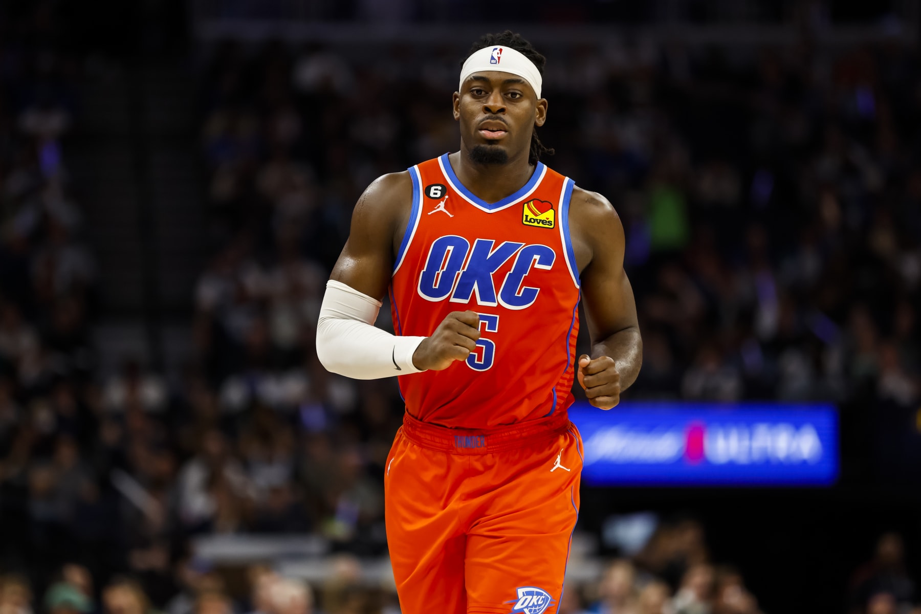 MINNEAPOLIS, MN - APRIL 14: Luguentz Dort #5 of the Oklahoma City Thunder looks on against the Minnesota Timberwolves in the third quarter of the NBA Play-In game at Target Center on April 14, 2023 in Minneapolis, Minnesota. The Timberwolves defeated the Thunder 120-95 to advance to the NBA Playoffs as the #8 seed. NOTE TO USER: User expressly acknowledges and agrees that, by downloading and or using this Photograph, user is consenting to the terms and conditions of the Getty Images License Agreement. (Photo by David Berding/Getty Images)