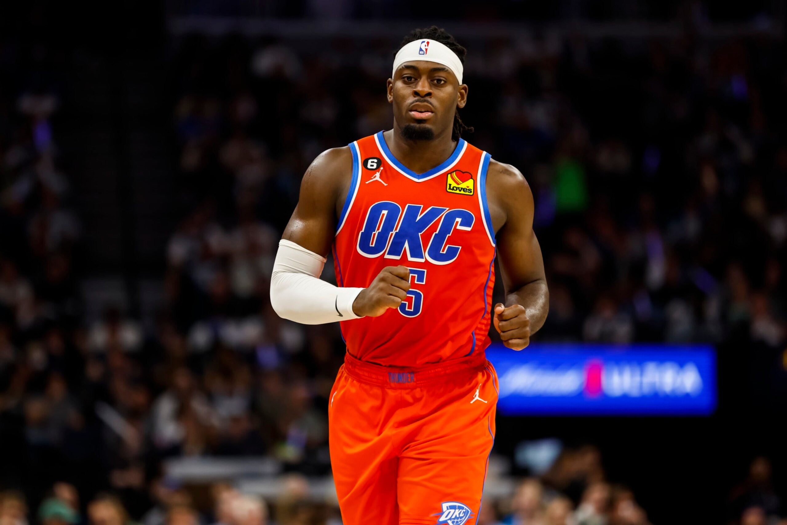 MINNEAPOLIS, MN - APRIL 14: Luguentz Dort #5 of the Oklahoma City Thunder looks on against the Minnesota Timberwolves in the third quarter of the NBA Play-In game at Target Center on April 14, 2023 in Minneapolis, Minnesota. The Timberwolves defeated the Thunder 120-95 to advance to the NBA Playoffs as the #8 seed. NOTE TO USER: User expressly acknowledges and agrees that, by downloading and or using this Photograph, user is consenting to the terms and conditions of the Getty Images License Agreement. (Photo by David Berding/Getty Images)