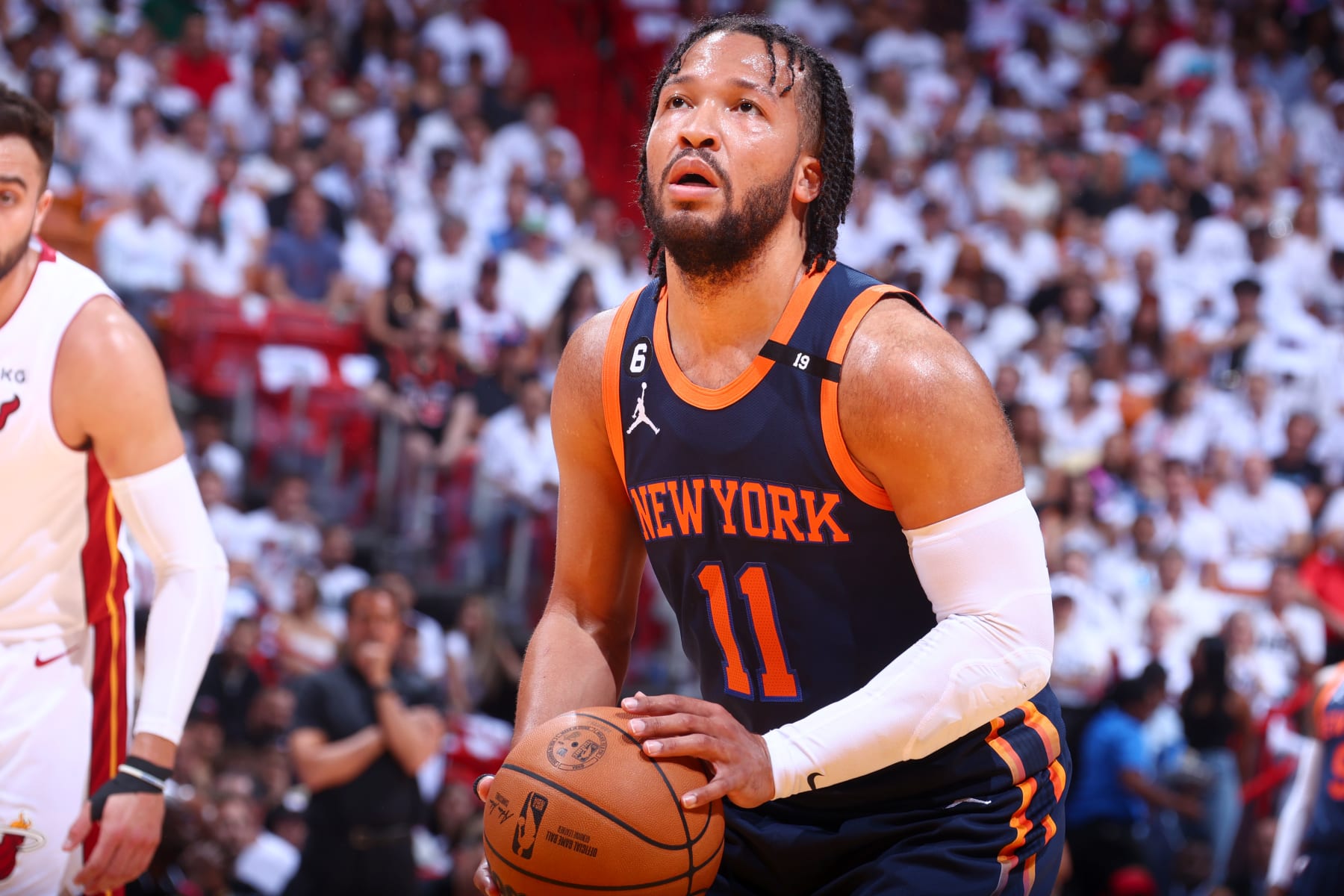 MIAMI, FL - MAY 12: Jalen Brunson #11 of the New York Knicks prepares to shoot a free throw during the game against the Miami Heat during Game 6 of the 2023 NBA Playoffs Eastern Conference semi-finals on May 12, 2023 at Kaseya Center in Miami, Florida. NOTE TO USER: User expressly acknowledges and agrees that, by downloading and or using this Photograph, user is consenting to the terms and conditions of the Getty Images License Agreement. Mandatory Copyright Notice: Copyright 2023 NBAE (Photo by Nathaniel S. Butler/NBAE via Getty Images)