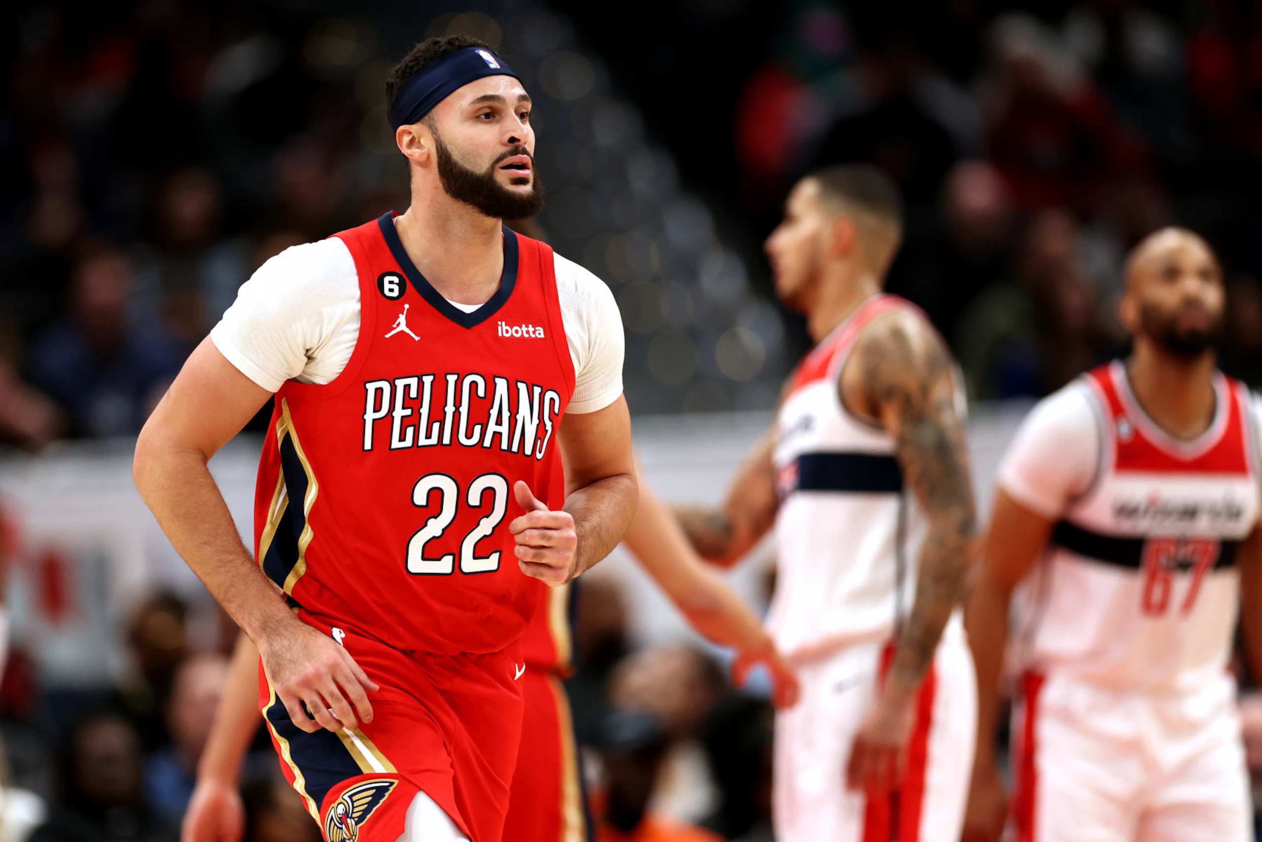 WASHINGTON, DC - JANUARY 09: Larry Nance Jr. #22 of the New Orleans Pelicans looks on against the Washington Wizards at Capital One Arena on January 09, 2023 in Washington, DC.  NOTE TO USER: User expressly acknowledges and agrees that, by downloading and or using this photograph, User is consenting to the terms and conditions of the Getty Images License Agreement. (Photo by Rob Carr/Getty Images)