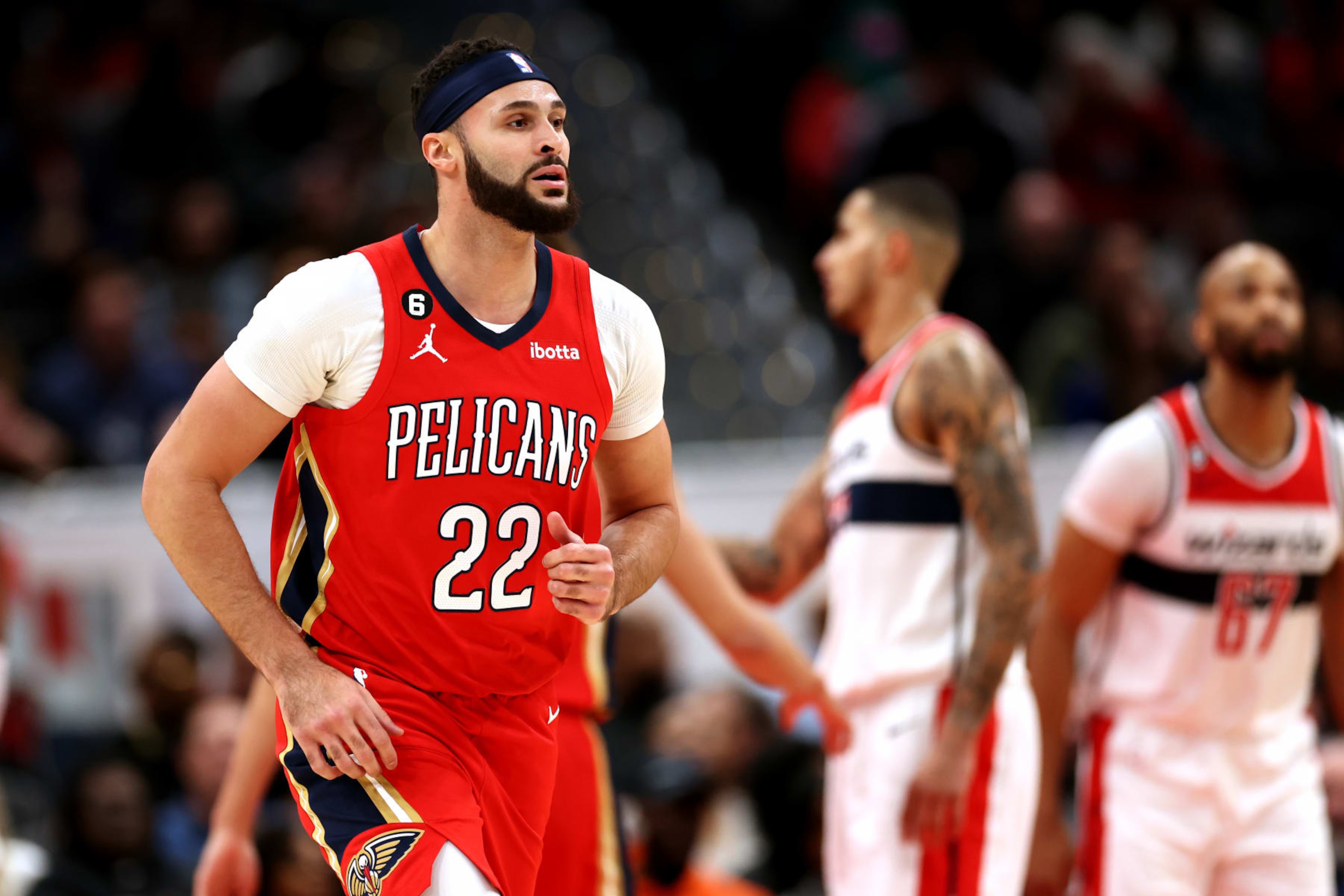 WASHINGTON, DC - JANUARY 09: Larry Nance Jr. #22 of the New Orleans Pelicans looks on against the Washington Wizards at Capital One Arena on January 09, 2023 in Washington, DC.  NOTE TO USER: User expressly acknowledges and agrees that, by downloading and or using this photograph, User is consenting to the terms and conditions of the Getty Images License Agreement. (Photo by Rob Carr/Getty Images)