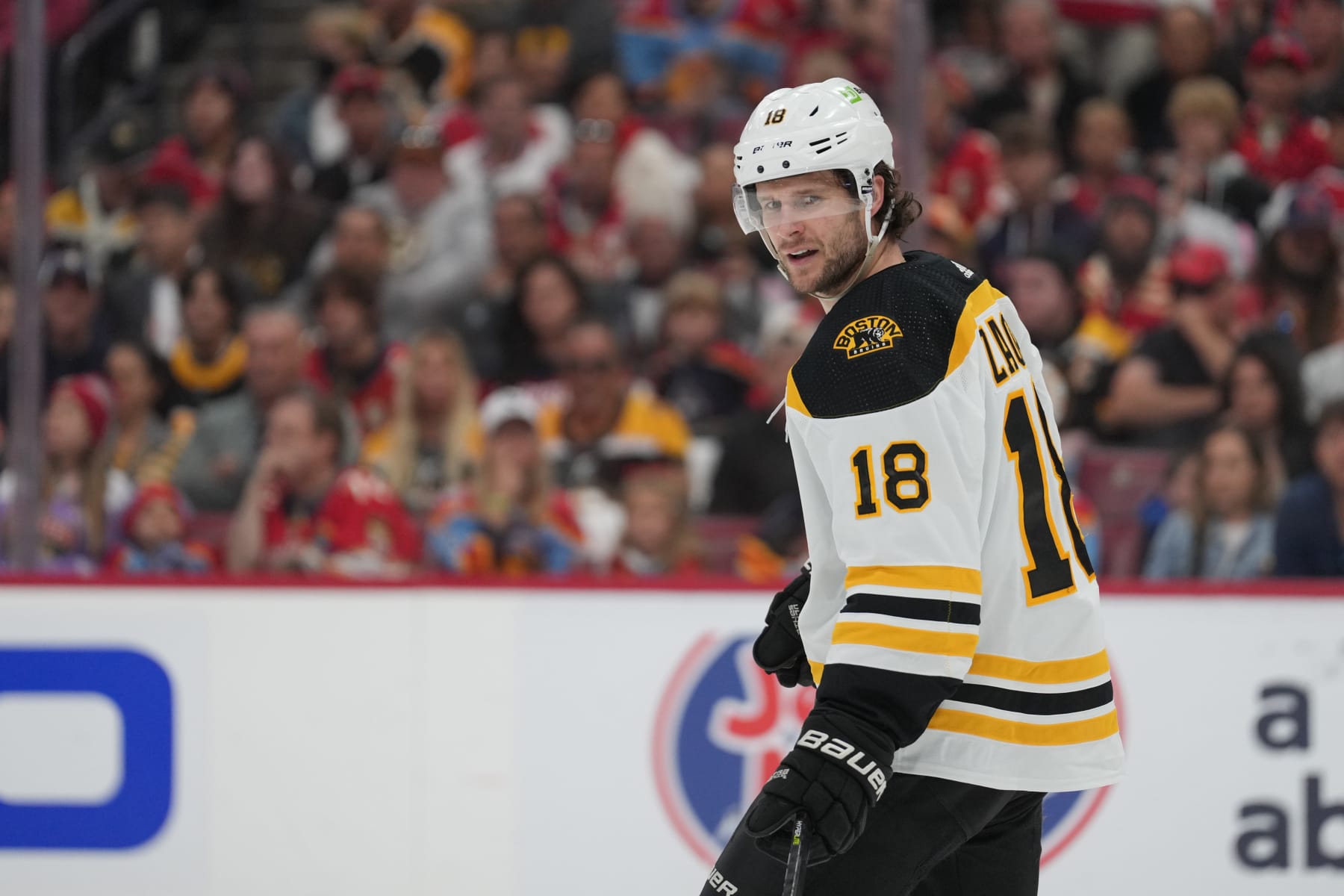 SUNRISE, FL - APRIL 23: Boston Bruins center Pavel Zacha (18) looks over. His shoulder to hear choice words from an opponent during game four of  the first round of the Eastern Conference Playoffs between the Boston Bruins and the Florida Panthers on Friday, April 23, 2023 at FLA Live Arena in Sunrise, Fla  (Photo by Peter Joneleit/Icon Sportswire via Getty Images)