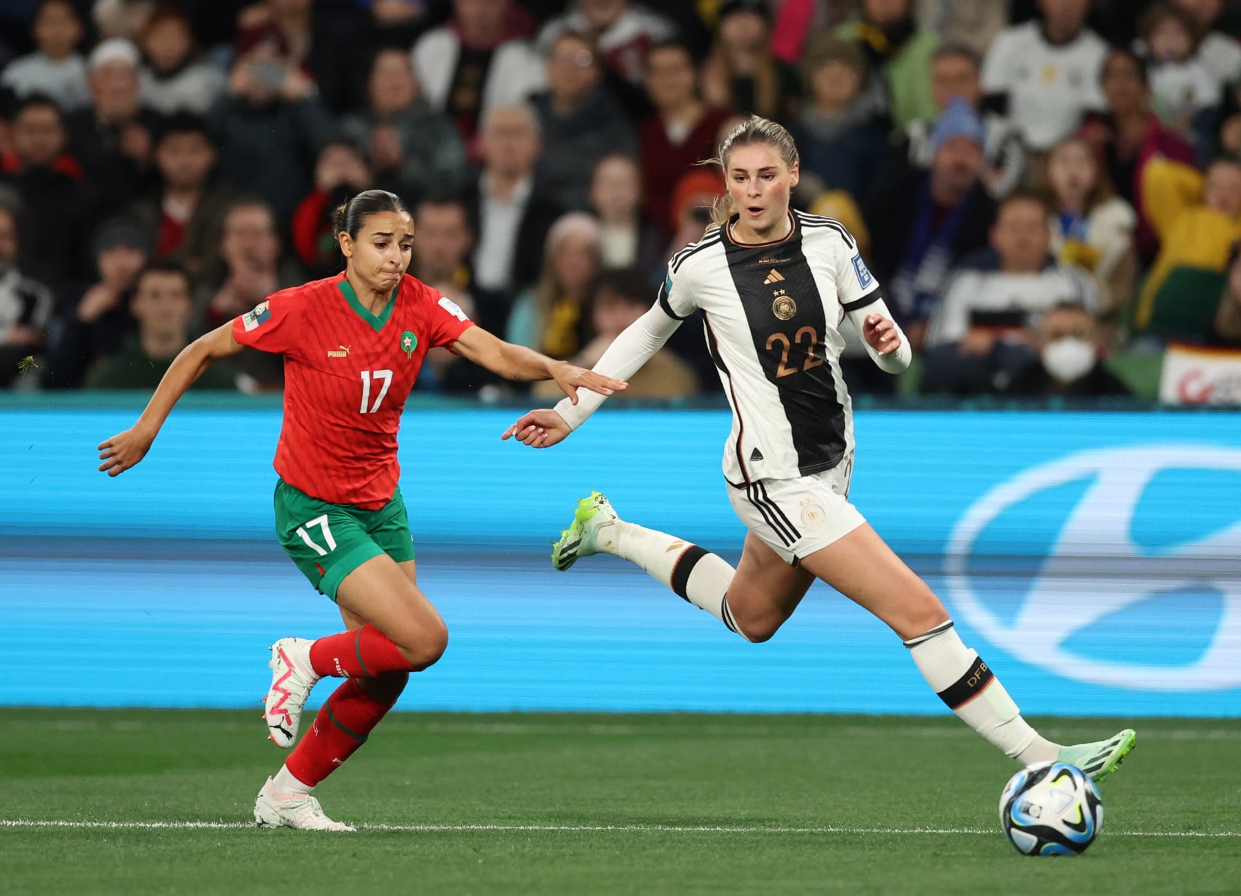 Jule Brand R of Germany vies with Hanane Ait El Haj of Morocco during the group H match between Germany and Morocco at the 2023 FIFA Women's World Cup in Melbourne, Australia, July 24, 2023. (Photo by Zhang Chen/Xinhua via Getty Images)