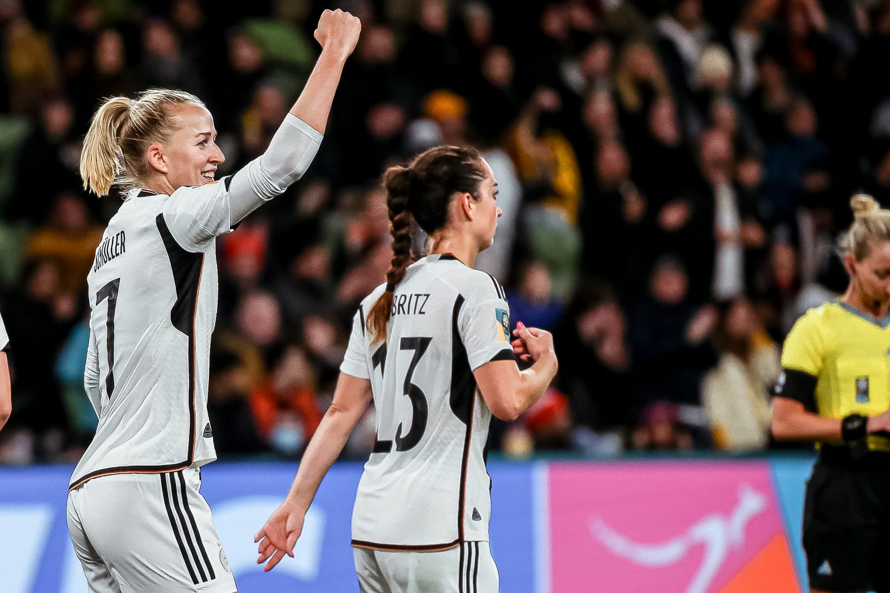 MELBOURNE, AUSTRALIA - JULY 24: Lea Schueller of Germany celebrates after scoring his team's sixth goal during the FIFA Women's World Cup Australia & New Zealand 2023 Group H match between Germany and Morocco at Melbourne Rectangular Stadium on July 24, 2023 in Melbourne, Australia. (Photo by Andrew Wiseman / DeFodi Images via Getty Images)