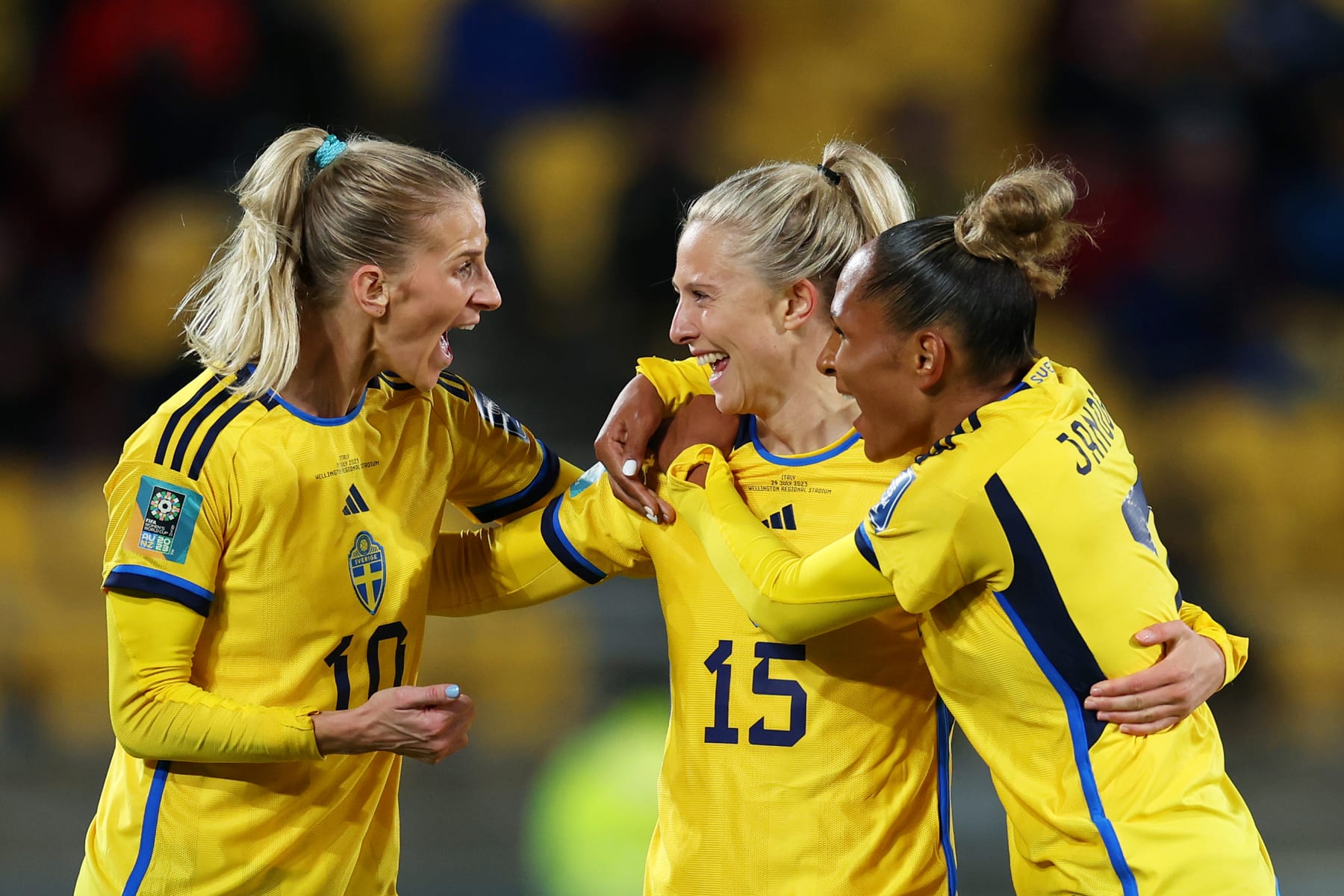 WELLINGTON, NEW ZEALAND - JULY 29: Rebecka Blomqvist (C) of Sweden celebrates with teammates Sofia Jakobsson (L) and Madelen Janogy (R) after scoring her team's fifth goal during the FIFA Women's World Cup Australia & New Zealand 2023 Group G match between Sweden and Italy at Wellington Regional Stadium on July 29, 2023 in Wellington / Te Whanganui-a-Tara, New Zealand. (Photo by Maja Hitij - FIFA/FIFA via Getty Images)