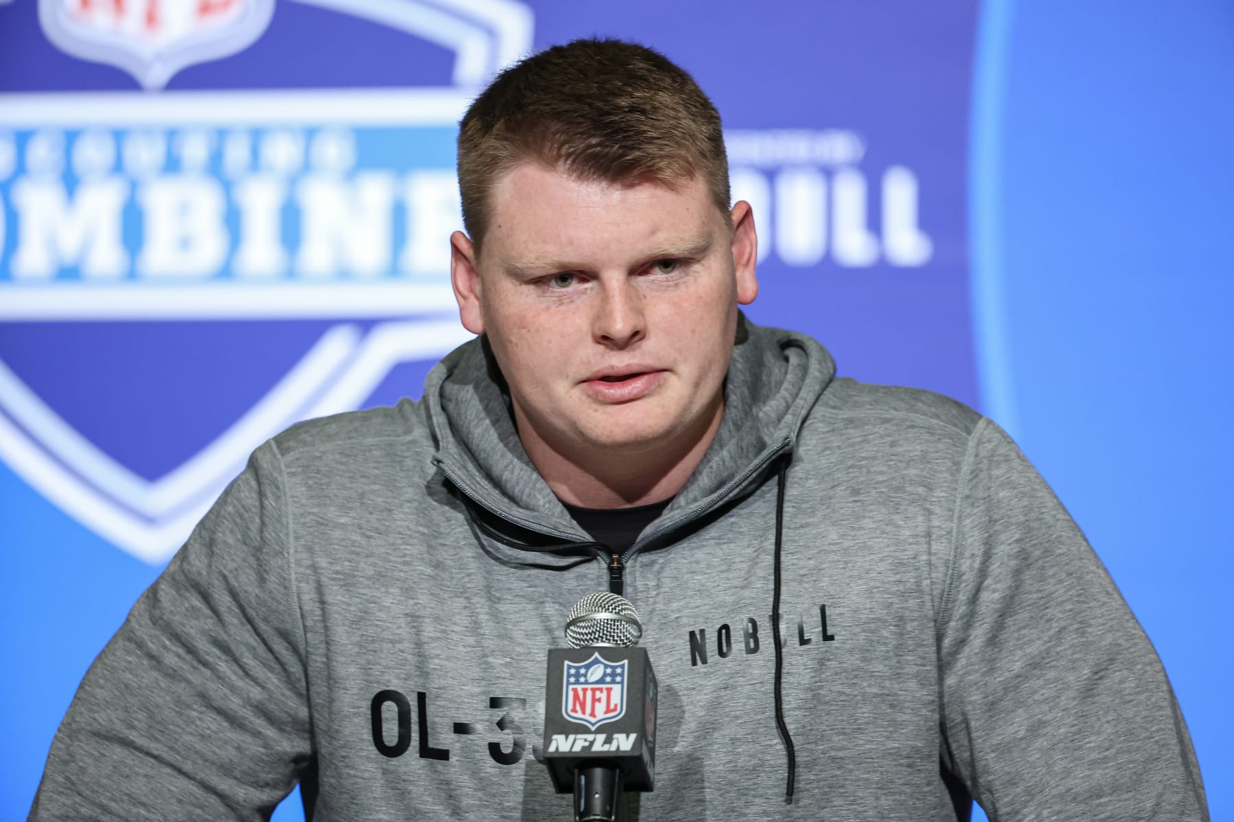 INDIANAPOLIS, IN - MARCH 04: Offensive lineman John Michael Schmitz, Jr. of Minnesota speaks to the media during the NFL Combine at Lucas Oil Stadium on March 4, 2023 in Indianapolis, Indiana. (Photo by Michael Hickey/Getty Images)